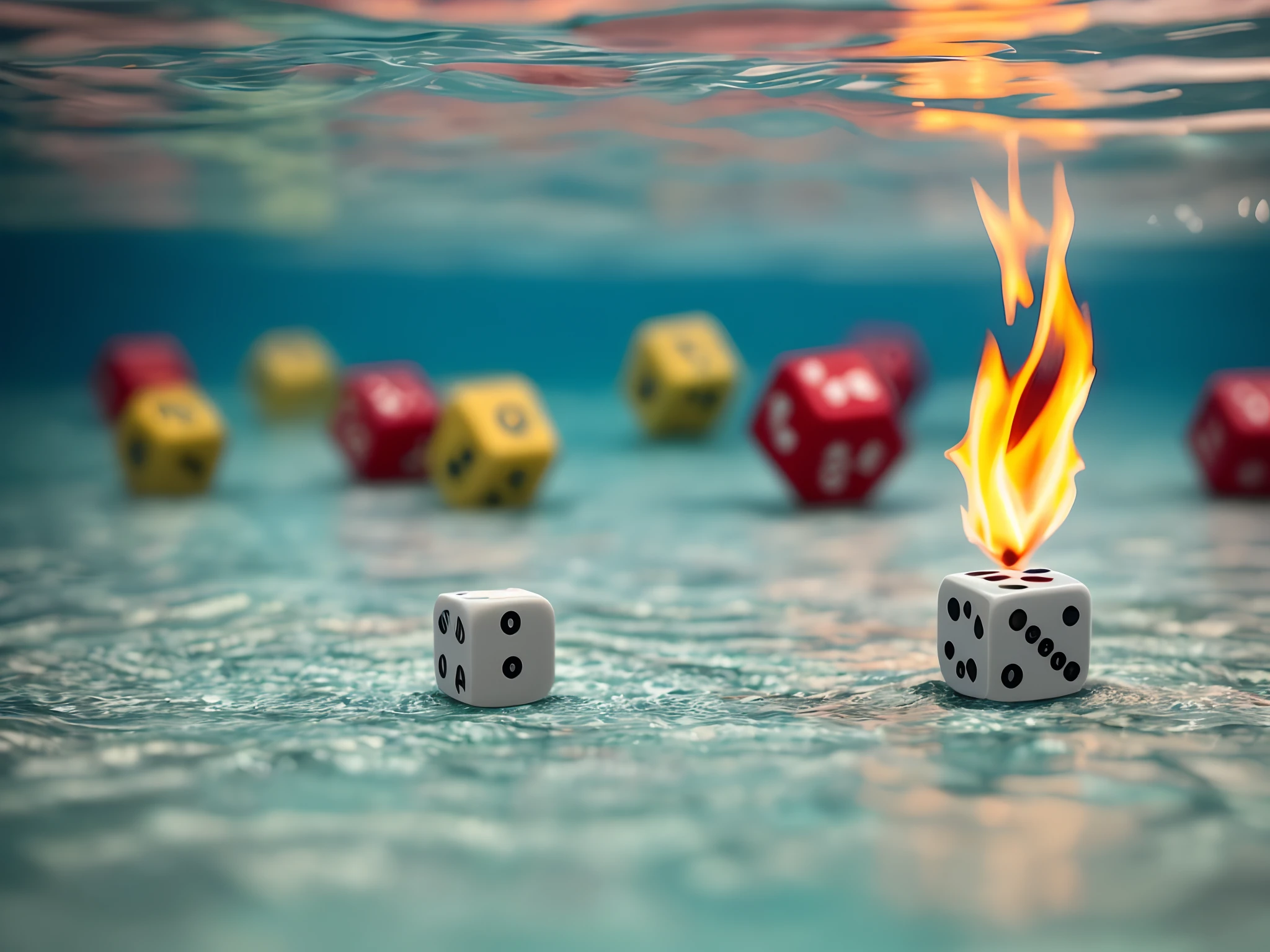 Photo of a dice on fire underwater in a swimming pool