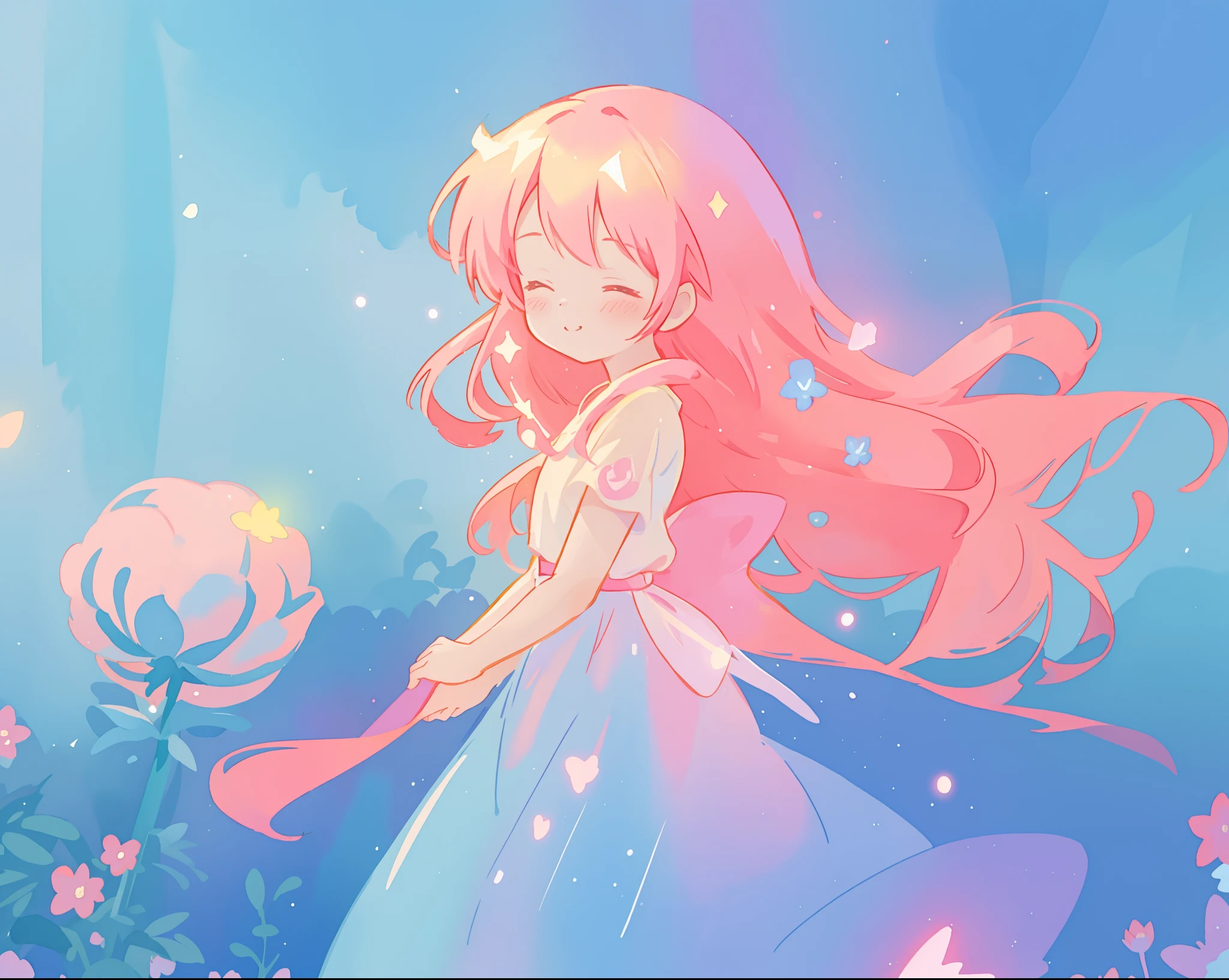 beautiful girl in sparkling flowing dress, long flowing pink hair, colorful fantasia background, watercolor illustration, disney art style, glowing aura around her, glowing lights, beautiful digital illustration, fantasia otherworldly landscape plants flowers, beautiful, masterpiece, best quality, anime disney style
