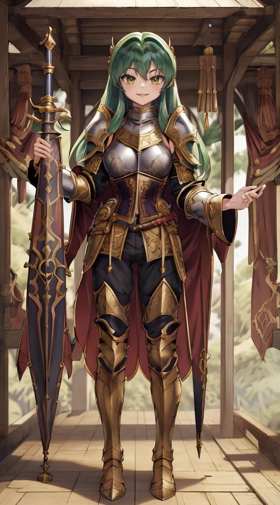 masterpiece, best quality,medieval armor, corset, breastplate,lum, , urusei yatsura, cloak, pants, pullover, kimono,martial pov,, pantyhose, sharpteeth, standing,smile, matial art, sword holding, full body, boots , pant, medium breast, pants, paladin, pullover