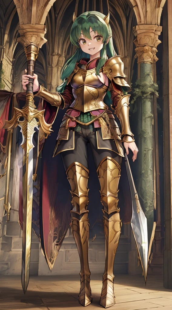 masterpiece, best quality,medieval armor, corset, breastplate,lum, , urusei yatsura, cloak, pants, pullover, kimono,martial pov,, pantyhose, sharpteeth, standing,smile, matial art, sword holding, full body, boots , pant, medium breast, pants, paladin, pullover