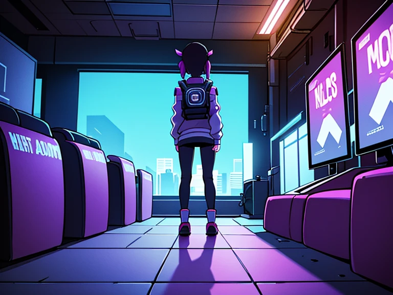 teens girl,Back Shadow,outside,look up to,large screens,cyber punk perssonage