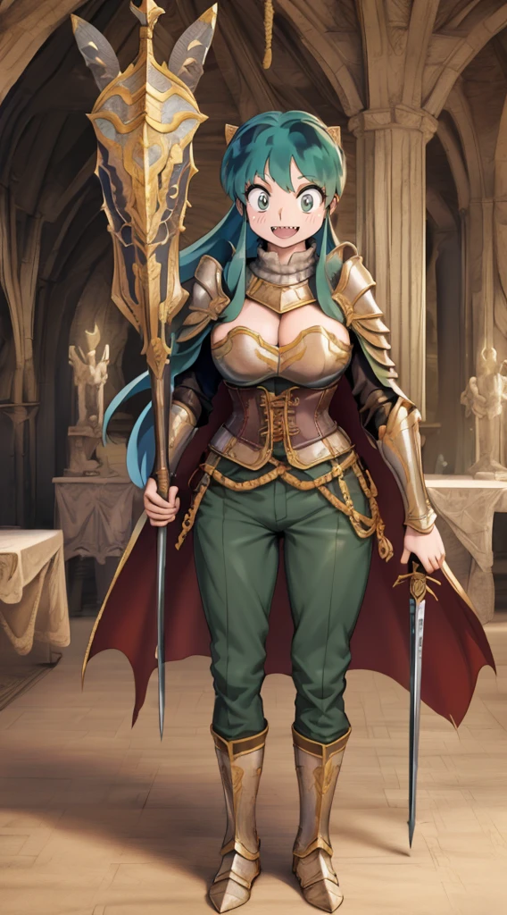 masterpiece, best quality,medieval armor, corset, breastplate,lum, , urusei yatsura, cloak, pants, pullover, kimono,martial pov,, pantyhose, sharpteeth, standing,smile, matial art, sword holding, full body, boots , pant, medium breast, pants, paladin, pullover