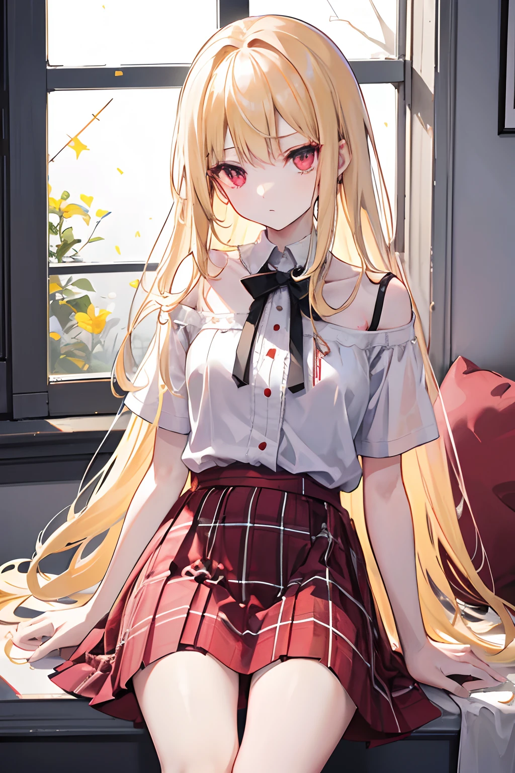 Long blonde hair,Straight hair is emanated,red color eyes,Eye highlights,short plaid skirt,Plaid off-the-shoulder shirt with short sleeves,open waist,black lence stockings,sadness look,Sitting in a small room looking out the window,Sit at your desk,Outside the window, a shooting star streaked by,Girls of medium stature