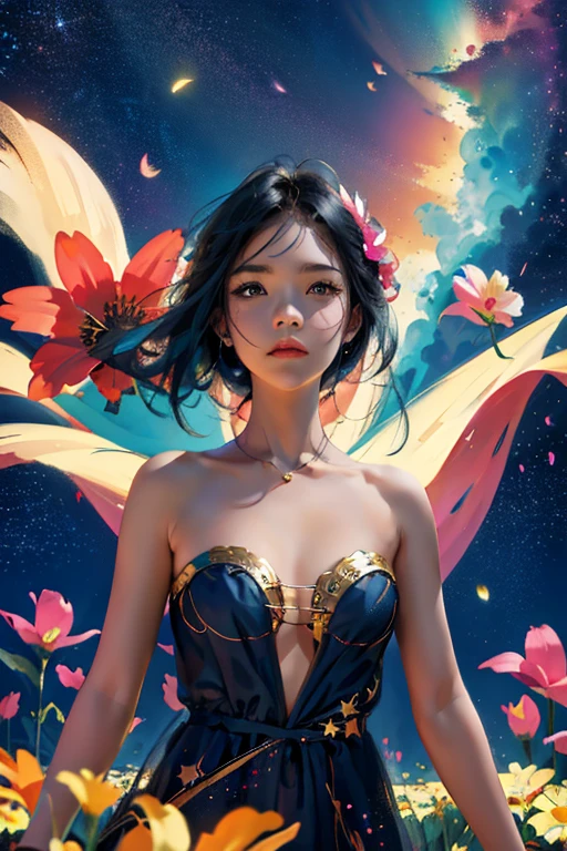 Girl standing in the clouds staring up as the stars, stars floating around her, brilliant colors, amazing swirls of cosmic dust, colorful vibrant, light particles, Create digital artwork in the Pop Art style, Featuring a vibrant and confident young Asian girl,street fashion, Movie color scheme, Surrounded by vintage flower motifs, Vibrant brushstrokes,Emotions should be dynamic, Upper body, Drawing, illustration, escala cinza, tropical, Many flowers,