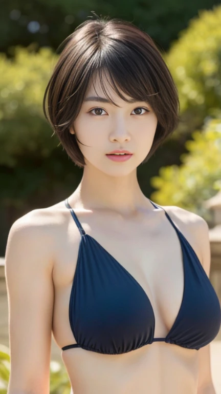 (masterpiece:1.3), (8K, Photorealsitic, Raw photography, Top image quality: 1.4), japanes,, beauitful face, (Lifelike face), Beautiful hairstyle(A dark-haired,short-cut), realisticeyes, Eyes in Beautiful Details, (real looking skin),A Japanese Lady, 超A high resolution, A hyper-realistic,The whole body is shown,Boyish woman,The whole body is shown,Women with masculine appearance,Sunburned skin,Cool Woman,Masculine hairstyle,The whole body is shown.is standing,Very short hair,The bikini,large boob