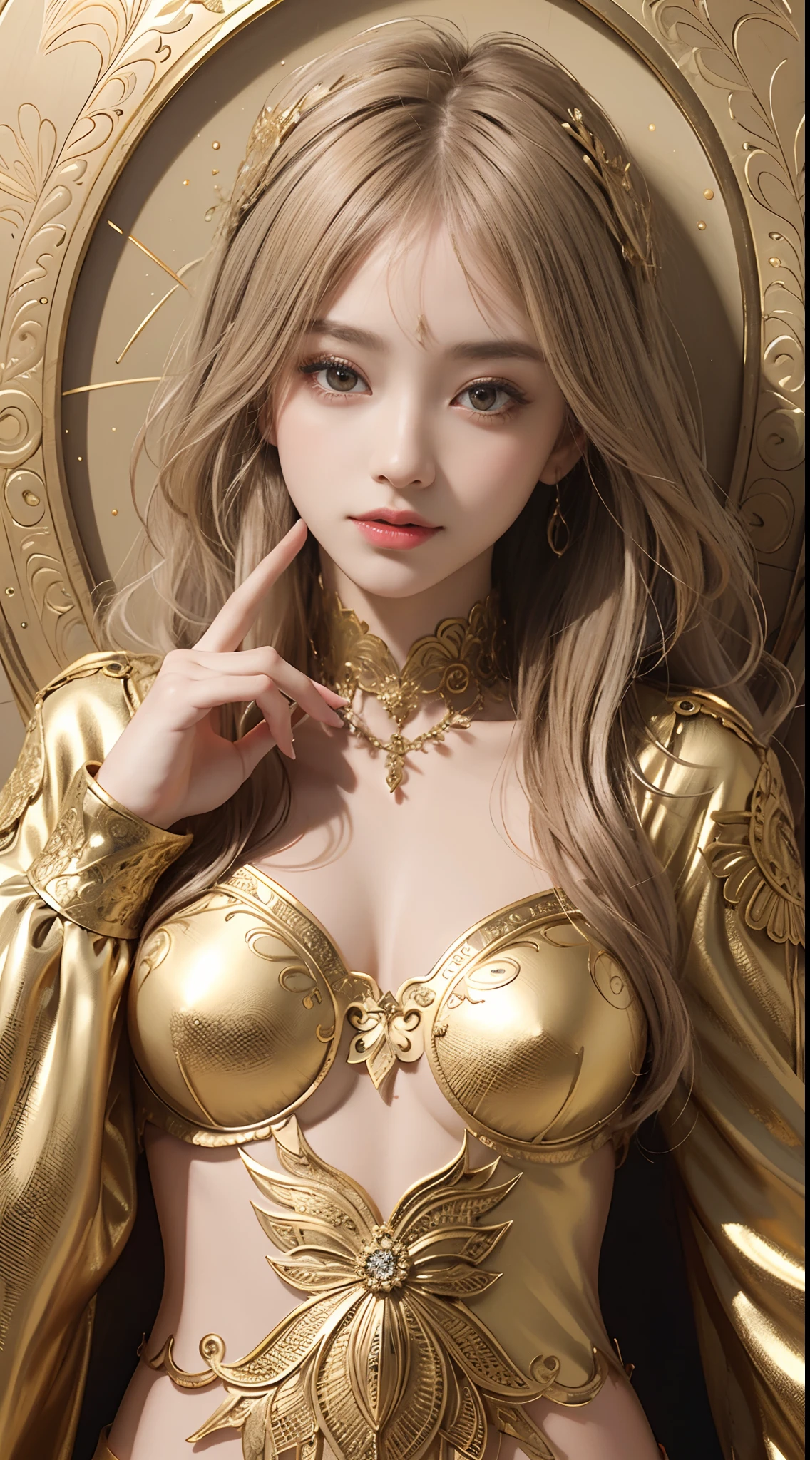 PerfectNwsjMajic,(masterpiece、top-quality、top-quality、Official art、Beautifully Aesthetic:1.2)、(1girl in)、ighly detailed、colourfull、highestdetailed、Official art、Unity 8k壁纸、ultra-detailliert、Beautifully Aesthetic、Beautiful fece、masterpiece、top-quality、(Zentangle、a Mandala、Tangles、Entanglement)、Holy Light、gold foil、Gold leaf art、glitter drawing、pure、There are also resilient messages, Overcoming and hope. Breasts are small and B size、Eyes are double, Beautifully detailed、
