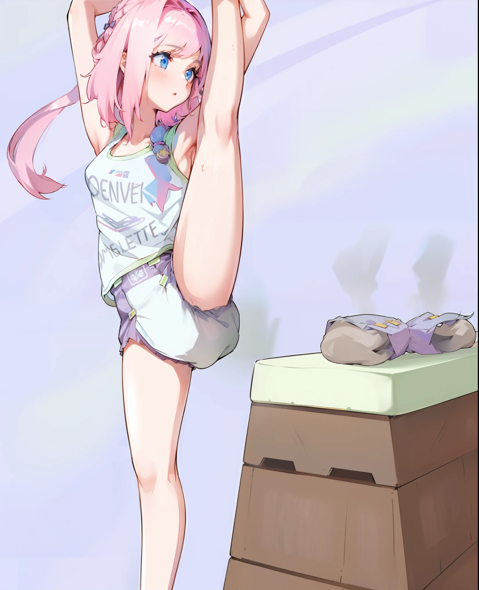 (Best Quality, hight resolution,Masterpiece:1.2), Ultra-detailed, Realistic, Beautiful Detail Face, pink hair with green ends, 1 girl, Mitsuri from the movie "Demon Slayer", Pink Dress, Green Knee Socks, big eyes, extreme pose, on all fours, on the grass, In the background you can see a spacious meadow