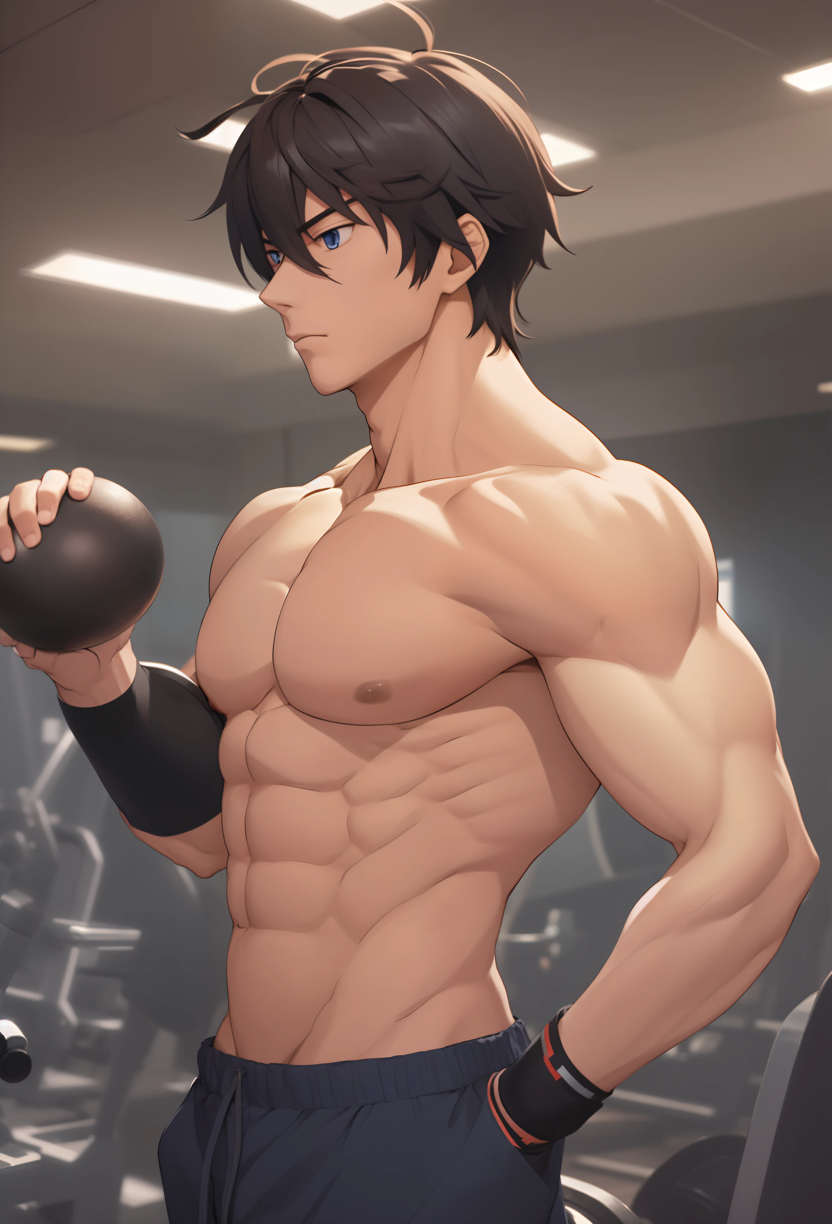 anime guy with a muscular body holding a dumbble in a gym, muscular!!, muscular!, anime handsome man, handsome anime pose, muscular!!!, working out, muscular build, a muscular, in a gym, shoulders can be seen, strong arms, tall anime guy with blue eyes, mid-shot of a hunky, smooth anime cg art