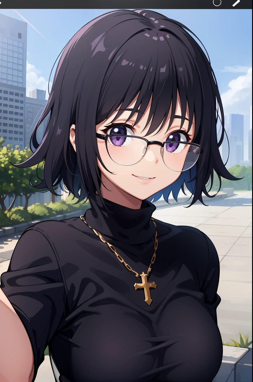 1girl, (masterpiece:1.3), (high resolution), (8K), (extremely detailed), (4k), (pixiv), perfect face, nice eyes and face, (best quality), (super detailed), detailed face and eyes, (solo), textured skin, absurdres, highres, shizukuwz, glasses, pants, jeans, black hair, short hair, box necklace, long sleeves, turtleneck, black sweater, purple eyes, inverted cross, pov, selfie, smile, nature, city, sunlight,