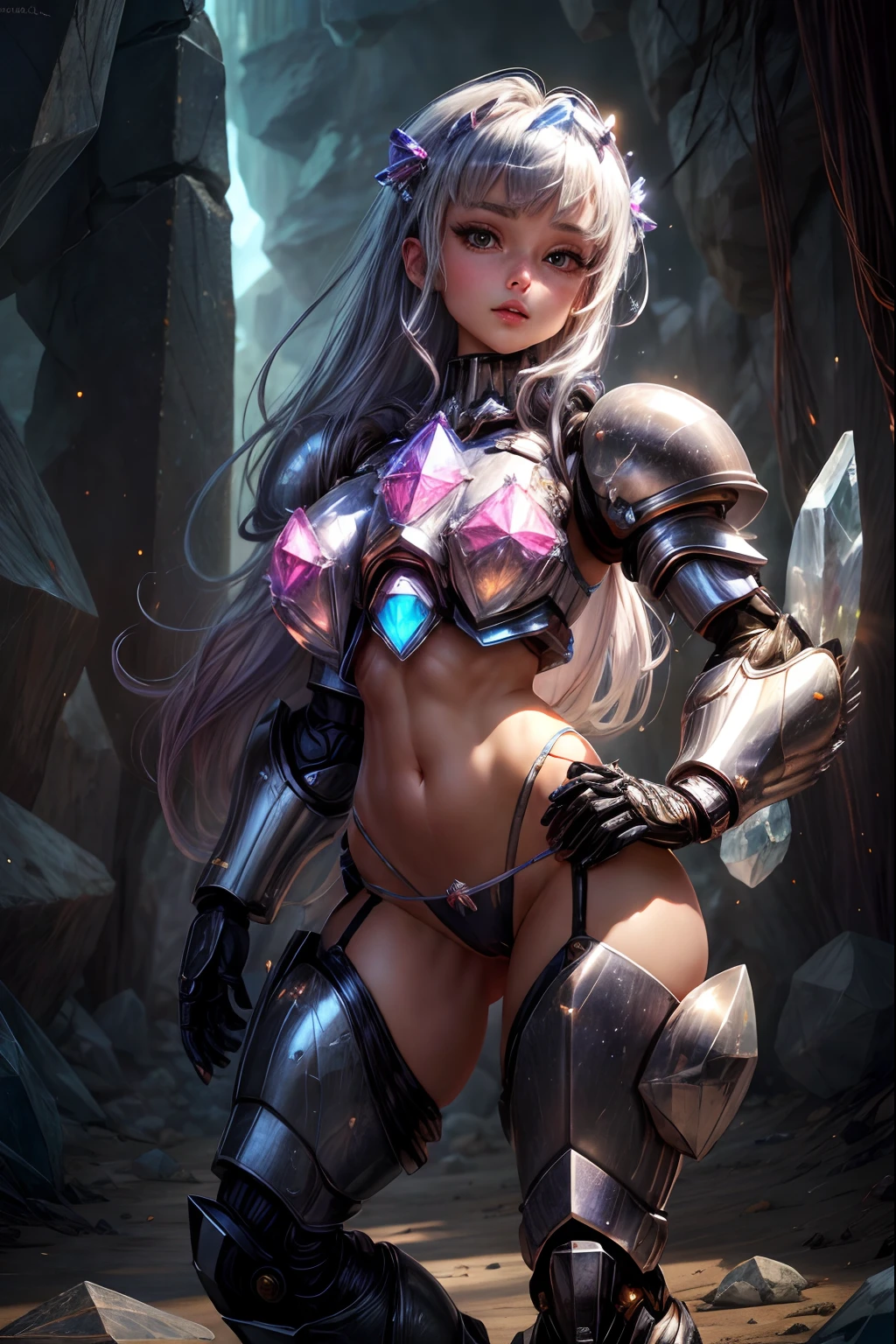 beautiful girl, ((crystal power armor)), belly button, open shoulders, power knuckles, the perfect body, ((crystal little thongs)), crystal hair