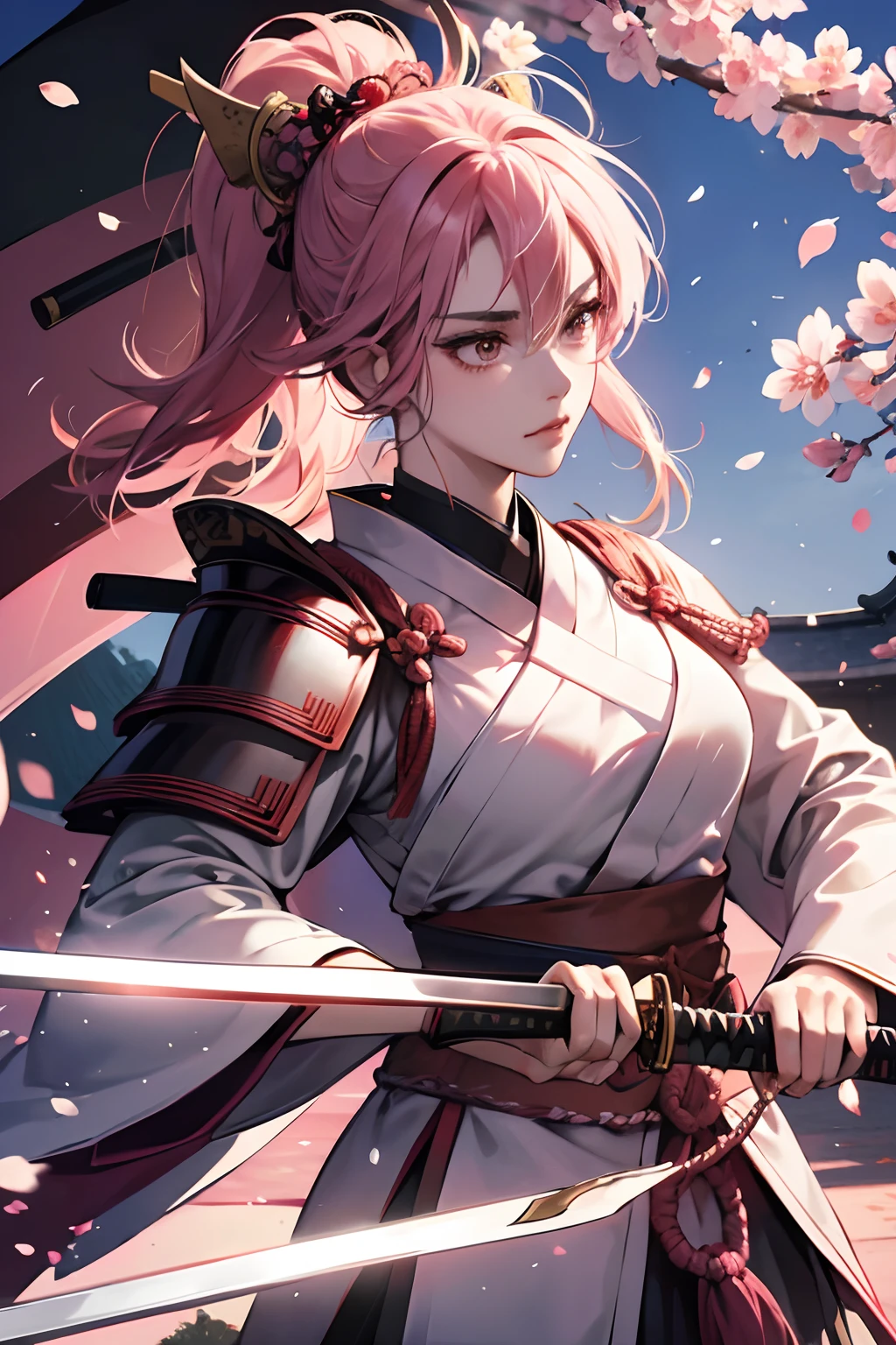 sakura samurai, breast exposing, katana, samurai armor, anime 4k wallpaper, less cloth, ultra sharp, fierce aura, best lighting, masterpieces, perfect color