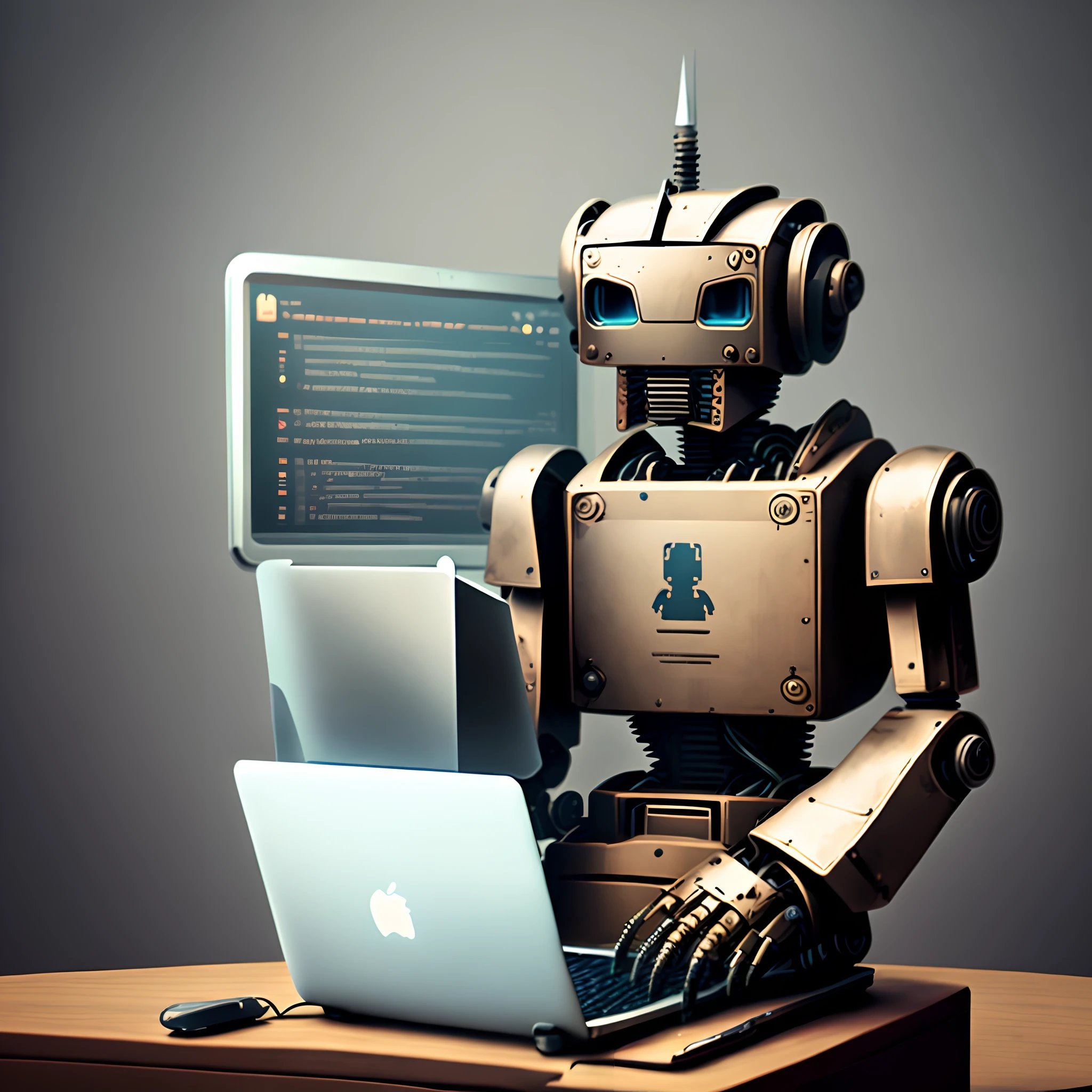 I want a Disney studio-style image of an avatar that's a robot holding a laptop. In this image it should have sharp strokes and cinematic quality
