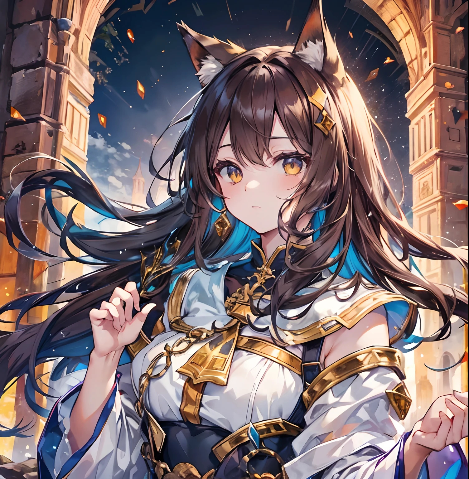 Brown-haired priestess with cat ears, High facial detail, Beautiful facial skin, Beautiful Amber Eyes, closed clothing, Magic, Light, tmasterpiece, Medieval town in the background, sharp-focus , Dynamic posture