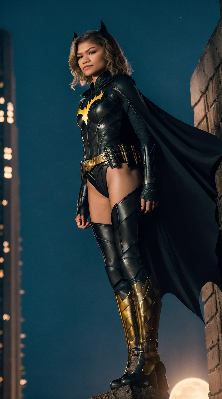 zendaya, 1girl, full body, style of the Batwoman costume, medium breasts, Yellow Batman Logo on Chest and the belt, masterpiece, best quality, detailed skin texture, detailed cloth texture, beautiful detailed face, intricate details, ultra detailed, Short blonde hair, (Night Gotham city Background), full moon on the sky, ((squating, separate the legs, looks down, bottom Engles, from below)), (Best quality, A high resolution, Photorealistic, primitive, 8K,Masterpiece, ),Best quality, Masterpiec8K.hdr. High ribs:1.2, filmgrain, Blur bokeh:1.2, Lens flare, (vivd colour:1.2), (Delicate),