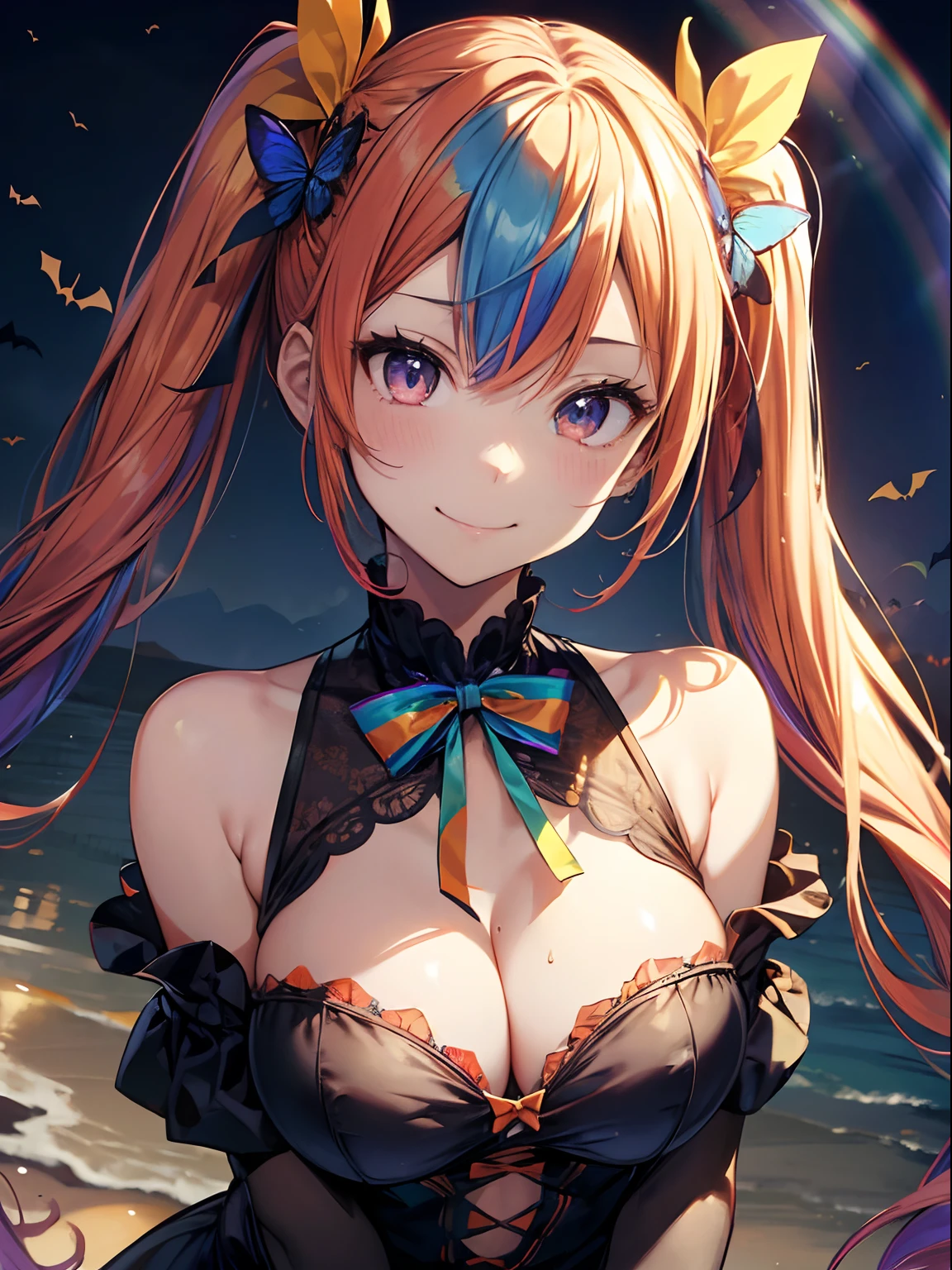 (masutepiece:1.3), (8K, Photorealistic, Raw photo, Best Quality: 1.4), Beautiful face, (Realistic face), Beautiful detailed eyes, (Realistic skin), Attractive, Intricate details,Golden ratio, 1 girl,Naughty smile, (rainbow hair:1.4),((Long twintails,Ribbon 1.4)),Halloween Cosplay,(Blue Butterfly Hair Ornament 1.3),cleavage,Dynamic Pose,Dynamic Angle,Intricate details, Hyper realistic、only face、A smile、Smiling、Face enhancement、Happy halloween、Halloween Events、Sweets please、Halloween pumpkin