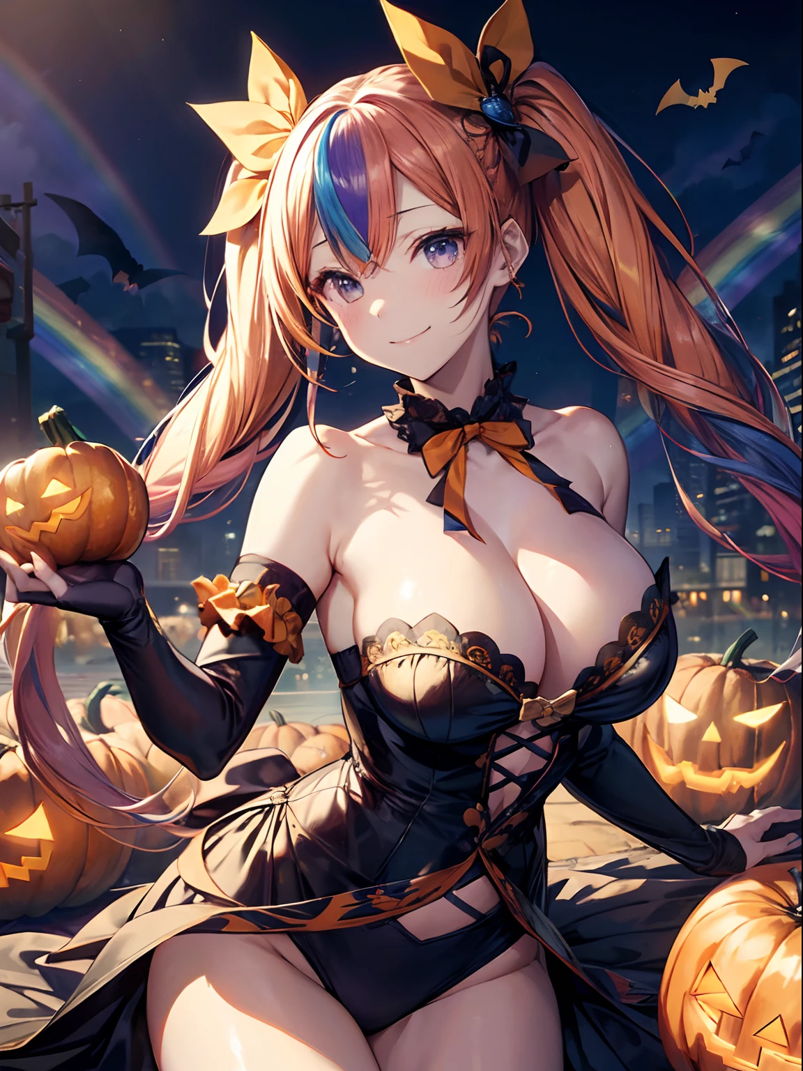 (masutepiece:1.3), (8K, Photorealistic, Raw photo, Best Quality: 1.4), Beautiful face, (Realistic face), Beautiful detailed eyes, (Realistic skin), Attractive, Intricate details,Golden ratio, 1 girl,Naughty smile, (rainbow hair:1.4),((Long twintails,Ribbon 1.4)),Halloween Cosplay,(Blue Butterfly Hair Ornament 1.3),cleavage,Dynamic Pose,Dynamic Angle,Intricate details, Hyper realistic、only face、A smile、Smiling、Face enhancement、Happy halloween、Halloween Events、Sweets please、Halloween pumpkin