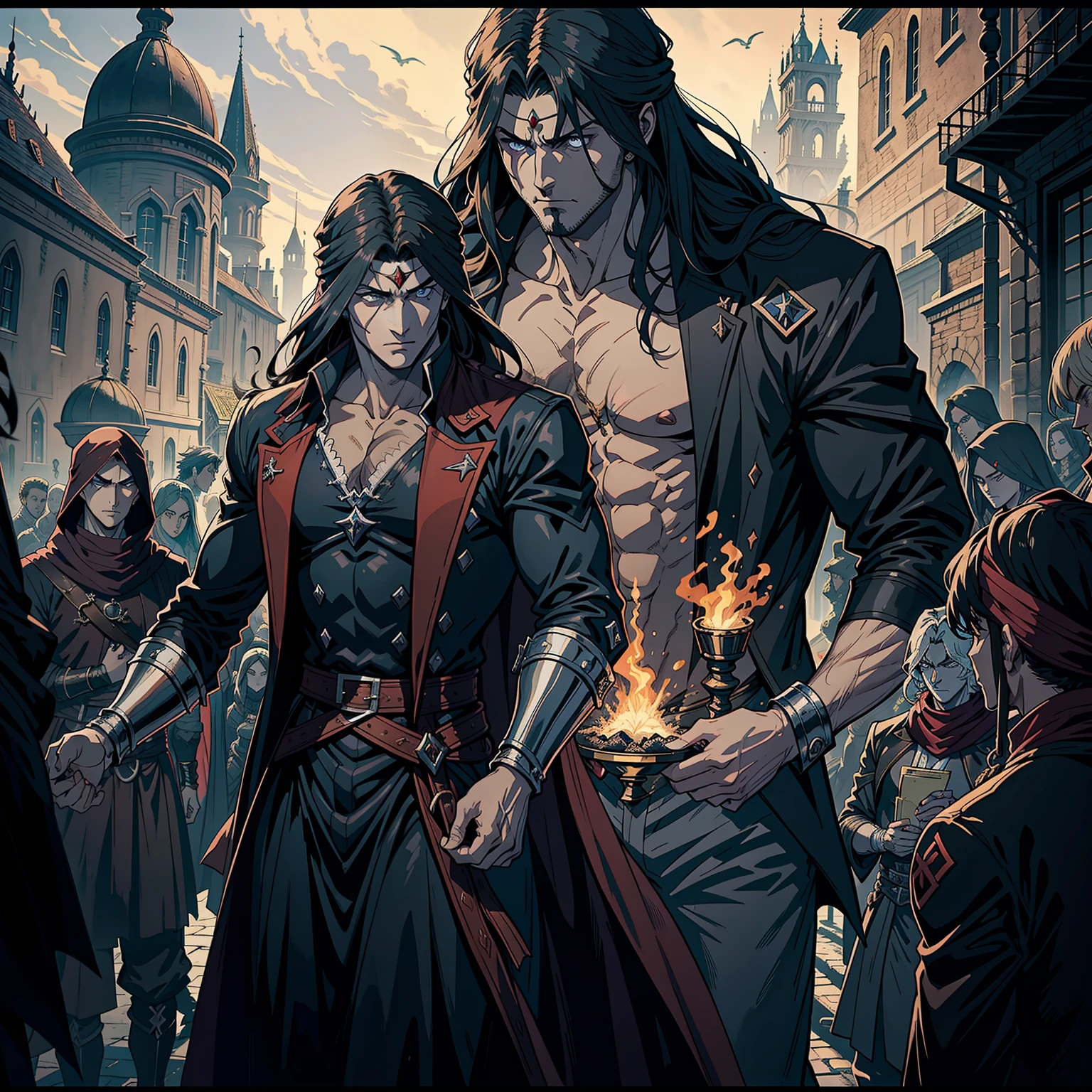 Castlevania Hyper Réaliste Seigneur de l’Ombre Super Détaillé Tir Dynamique Maître du Seigneur Dracula Guerrier arabe médiéval avec turban rouge Visage effrayant Hokuto No Ken Structure Visage musclé Kenshiro leading troops army of djinns to battle entouré de démons et de démons Parchemins parlants Scènes cinématiques Film épique Film hyper réaliste Film légendaire
