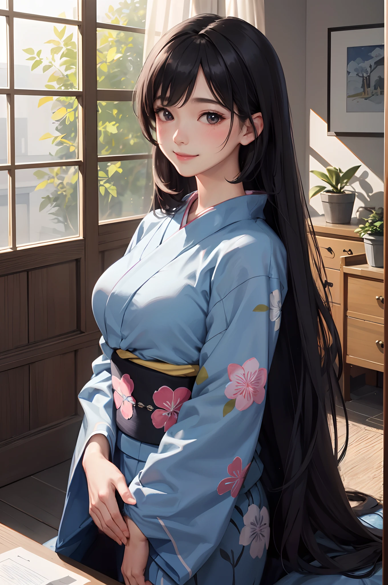 1lady solo, mature female, /(black long hair/) bangs, blue yukata, blush kind smile, (masterpiece best quality:1.3) delicate illustration high resolution ultra-detailed, large breasts BREAK /(luxury room indoors/)