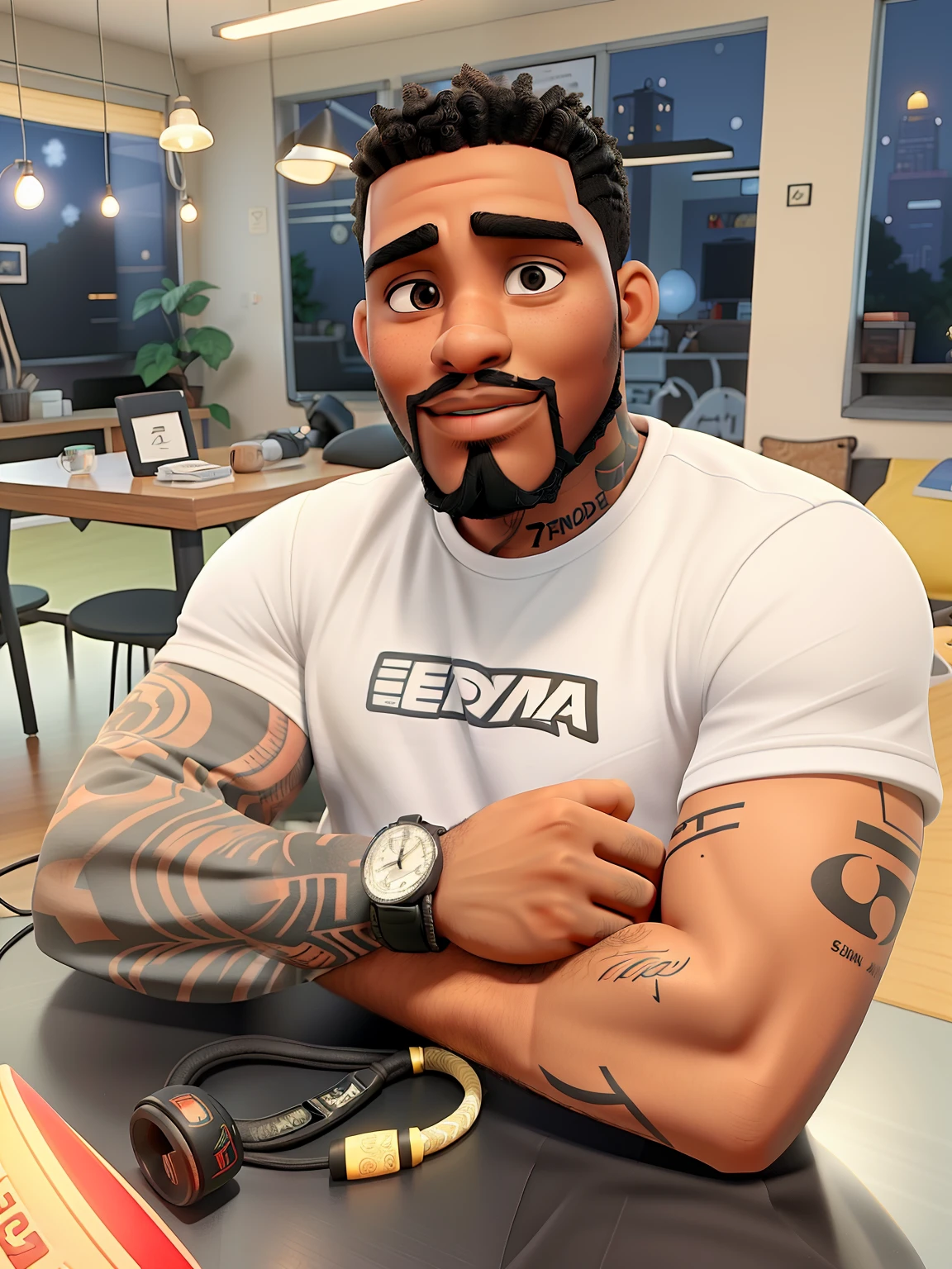 A bearded 22-year-old black man with an arm full of tattoos, vestindo uma camisa branca parado na frente, illuminated by the light of a lamp, contra o pano de fundo de uma janela de vidro com carros ao fundo