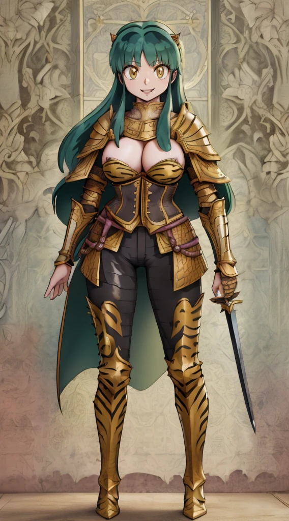 masterpiece, best quality,medieval armor, corset, breastplate,lum, , urusei yatsura, cloak, pants, pullover, kimono,martial pov,, pantyhose, sharpteeth, standing,smile, matial art, sword holding, full body, boots , pant, medium breast, pants, paladin, pullover