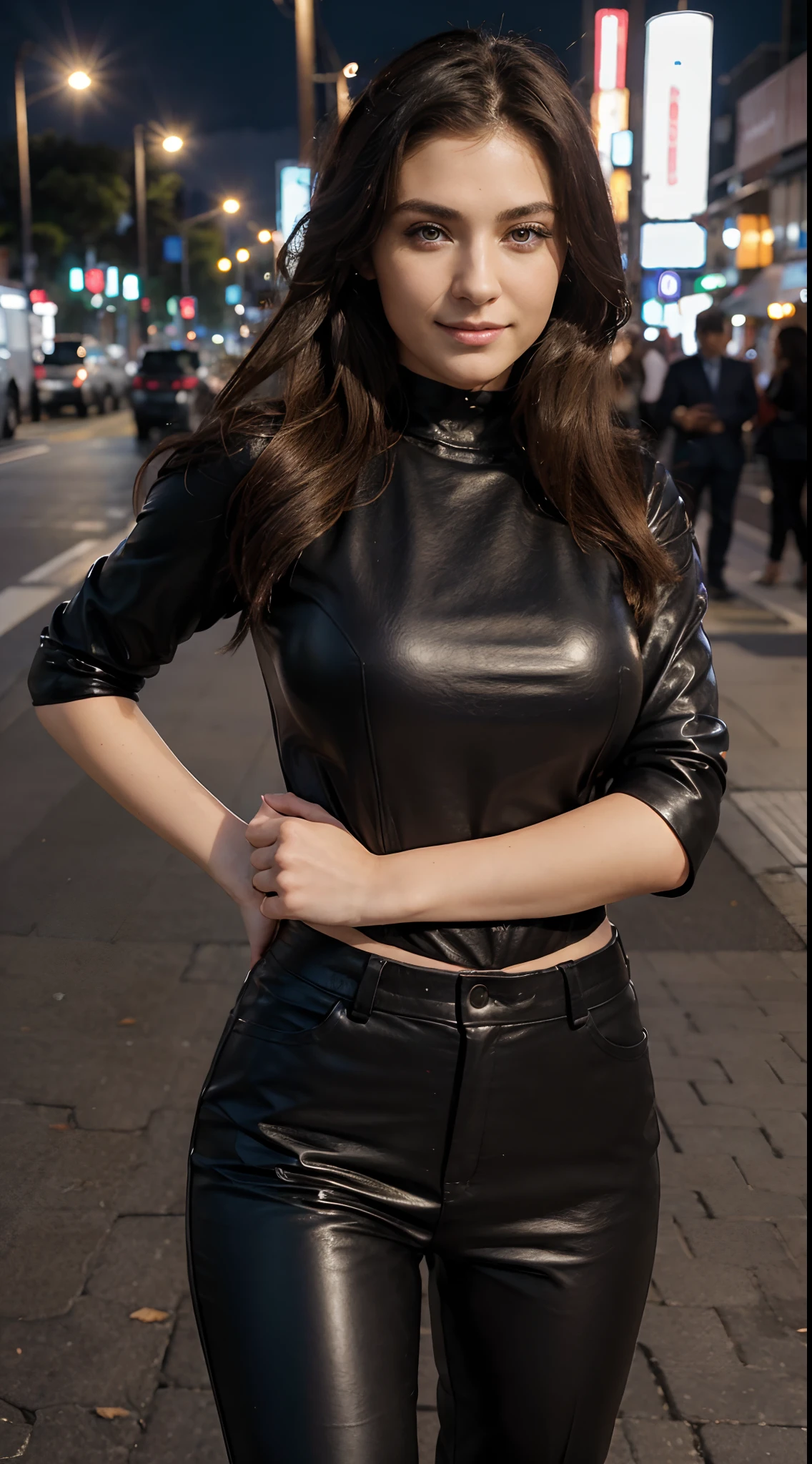 (masterpiece:1.3), (8K, Photorealistic, RAW images, best quality: 1.4), Japan, beautiful face, (Realistic faces), (medium hair:1.3), Beautiful hairstyle, Real eyes, beautiful eyes, (genuine leather) , beautiful skin, attractive, Ultra-high definition, hyper-realistic, High resolution, Business lady, Midnight Park, Pose freely, When you see viewers, smiling, business clothes, pants,