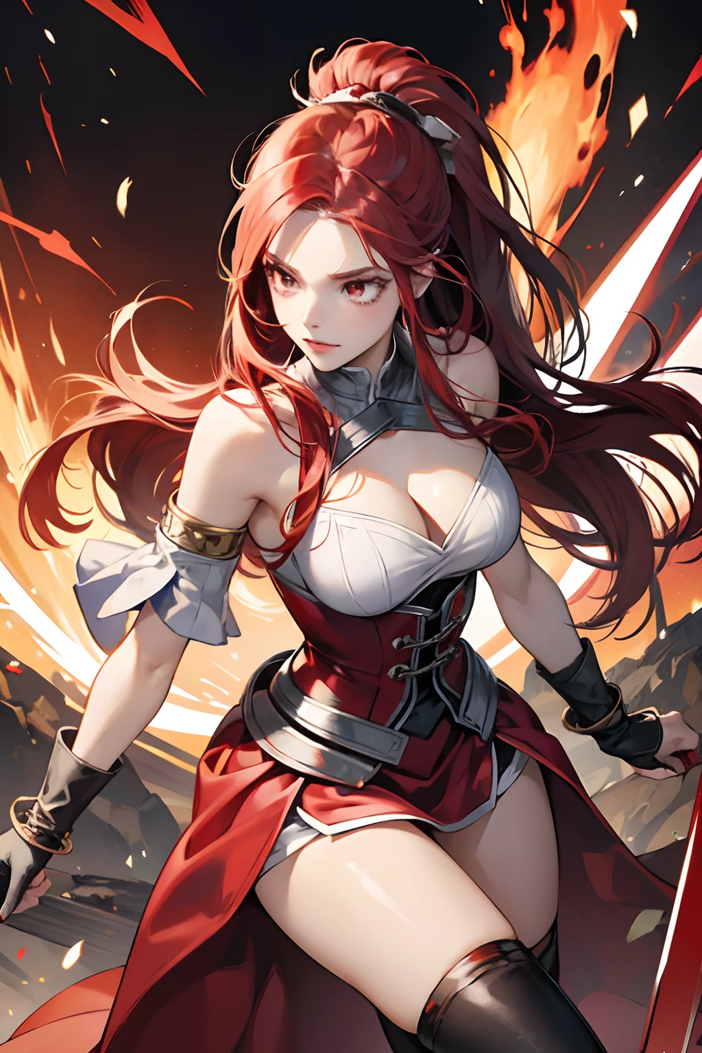 erza scarlet from fairy tail, half silver color steel breast plate with a cross pattern, bright red pupil, super mini battle skirt, holding giant silver boardsword, high pony tail, perfect body shape, 16k, sharp angel aura, steel hand glove, holy tattoo, long silk leggings, scarlet red color hair, silver color stylish pauldrons, silver color bracelet, armlet