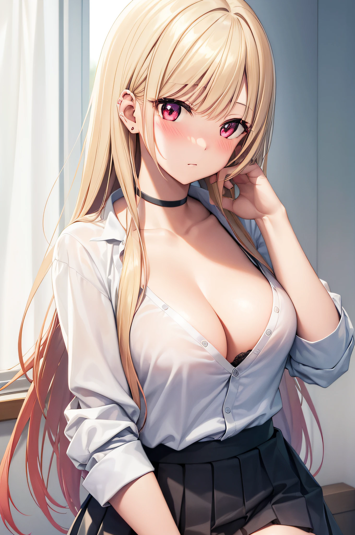 1girl, marin kitagawa, blonde hair, choker, ear piercing, earrings, long hair, piercing, (red eyes:1.3), straight hair, swept bangs, (blush:1.3),
BREAK (touch hair:1.5), nsfw, (black bra:1.3), (cleavage:1.1), (Breasts sticking out of shirts:1.5), long sleeves, pleated skirt, school uniform, shirt, skirt, sleeves rolled up, (white shirt:1.2), 
BREAK indoors, classroom,
BREAK looking at viewer, BREAK (masterpiece:1.2), best quality, high resolution, unity 8k wallpaper, (illustration:0.8), (beautiful detailed eyes:1.6), extremely detailed face, perfect lighting, extremely detailed CG, (perfect hands, perfect anatomy),