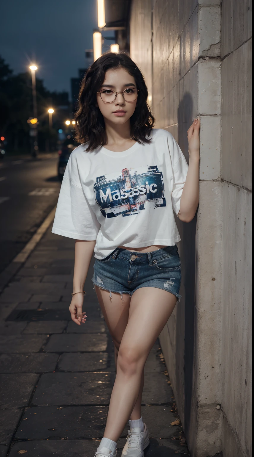 (Best Quality, 8k, 32k, Masterpiece, UHD:1.3), (kpop idol:1.3), 1 Girl, (short wavy hair), Ultra Detailed Face, Detailed Lips, Fine Eyes, double eyelids, (aroused:1.5)) , wearing t-shirt, casual t-shirt, oversize t-shirt, wearing glasses, leaning on a wall at night, perfect poses, perfect legs, perfect legs poses, wearing casual shoes, night city, cinematic light, cinematic night light, wearing headphones,
