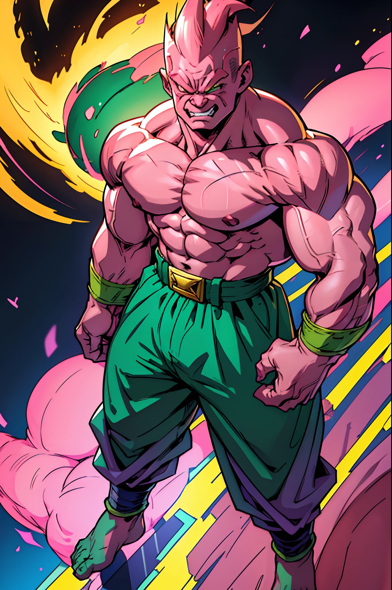 ((The Incredible Hulk)) Pink Skin Hulk, Majin Belt, Majin Outfit, Akira Toriyama art style, Marvel art style, djinn pants, Super Buu.