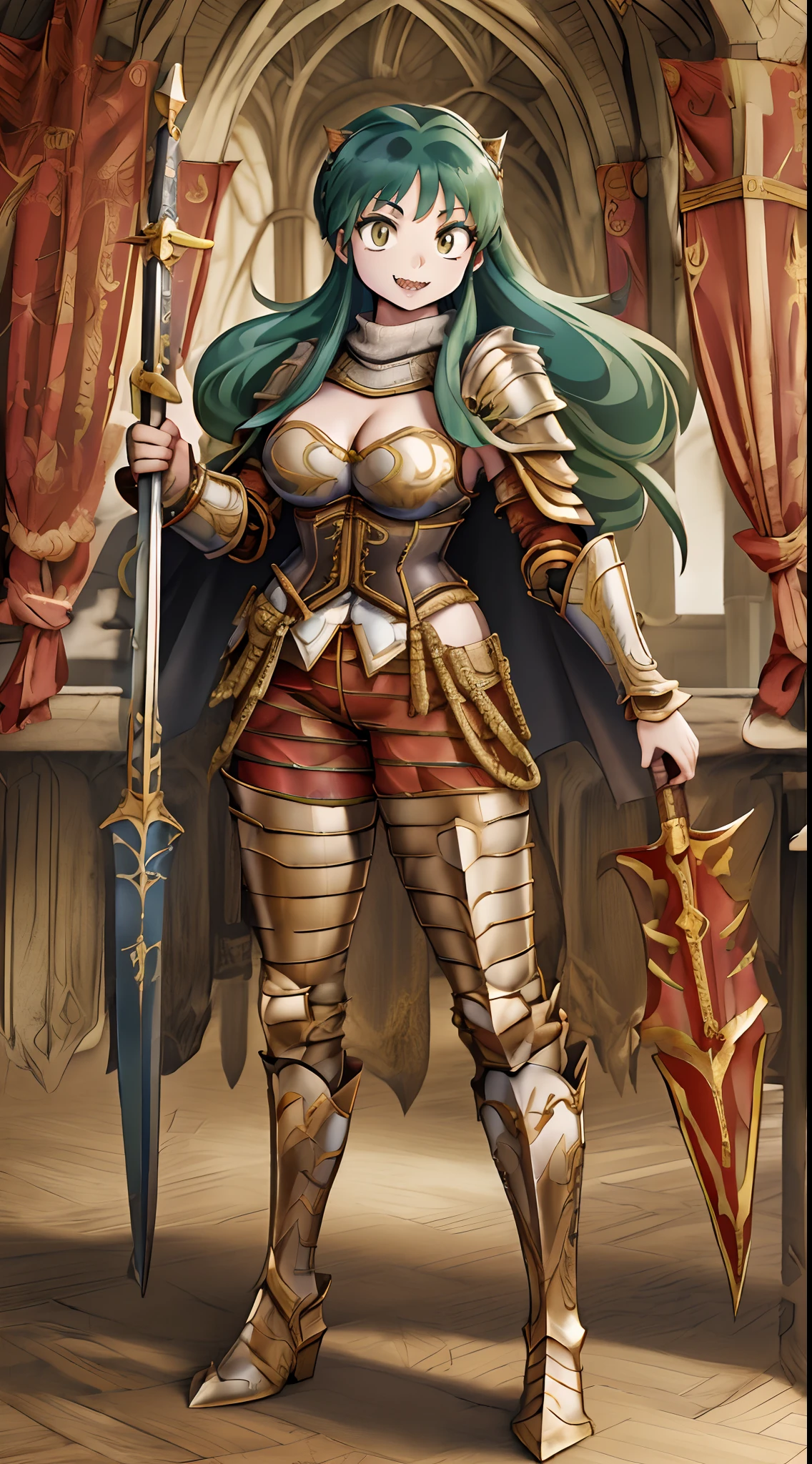 masterpiece, best quality,medieval armor, corset, breastplate,lum, , urusei yatsura, cloak, pants, pullover, kimono,martial pov,, pantyhose, sharpteeth, standing,smile, matial art, sword holding, full body, boots , pant, medium breast, pants, paladin, pullover