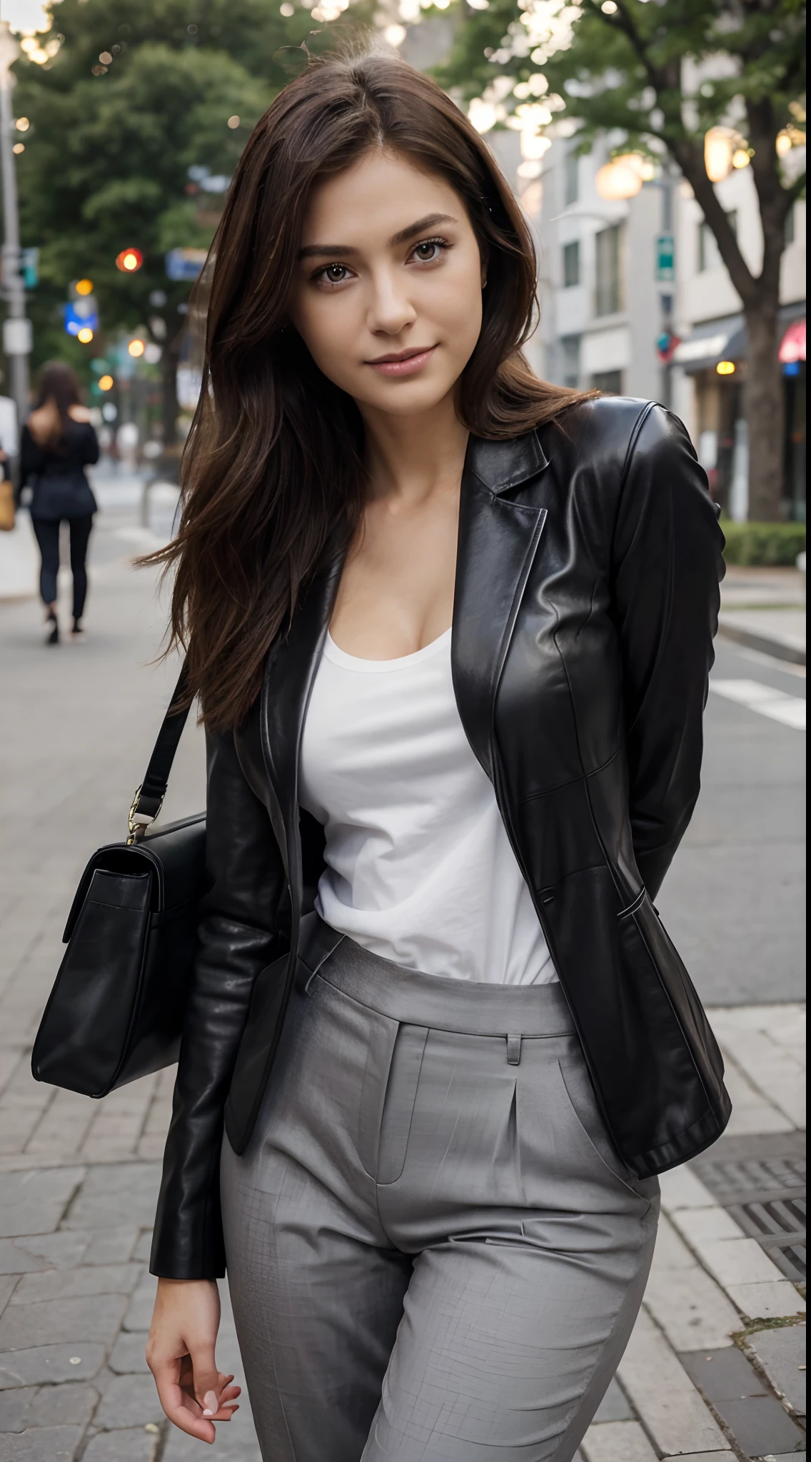 (masterpiece:1.3), (8K, Photorealistic, RAW images, best quality: 1.4), Japan, beautiful face, (Realistic faces), (medium hair:1.3), Beautiful hairstyle, Real eyes, beautiful eyes, (genuine leather) , beautiful skin, attractive, Ultra-high definition, hyper-realistic, High resolution, Business lady, Midnight Park, Pose freely, When you see viewers, smiling, business clothes, pants,