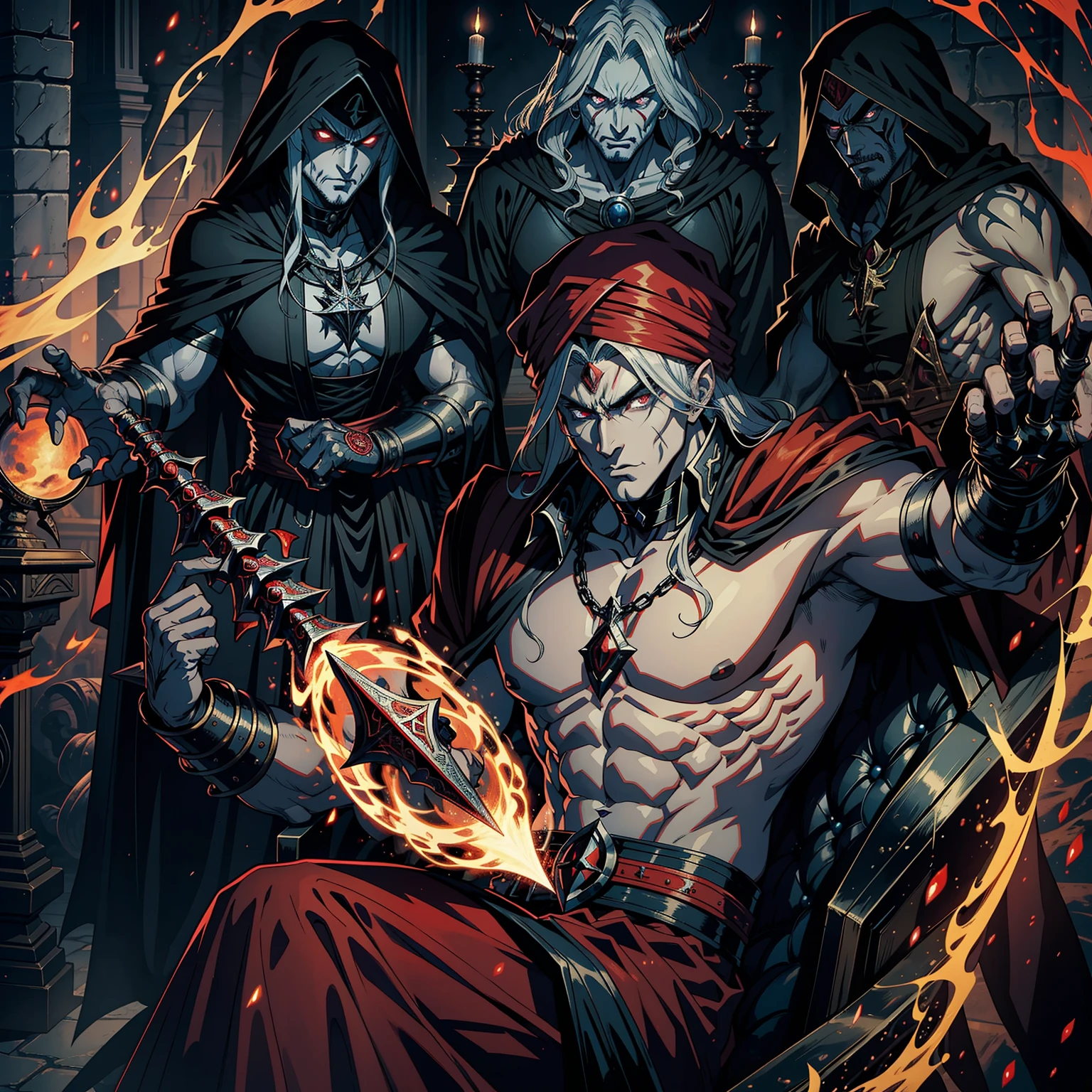 Castlevania Hyper Realistic Shadow Lord Super Detailed Dynamic Shooting Master of Lord Dracula Medieval Arab Warrior with Red Turban Scary Face Hokuto No Ken Structure Muscular Face Kenshiro sitting in his great legendary Moroccan throne surrounded by demons and demons in a terrifying war