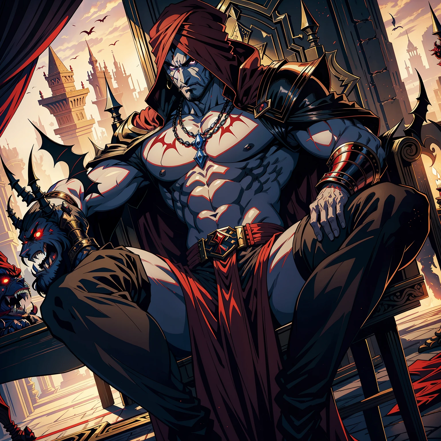 Castlevania Hyper Realistic Shadow Lord Super Detailed Dynamic Shooting Master of Lord Dracula Medieval Arab Warrior with Red Turban Scary Face Hokuto No Ken Structure Muscular Face Kenshiro sitting in his great legendary Moroccan throne surrounded by demons and demons in a terrifying war
