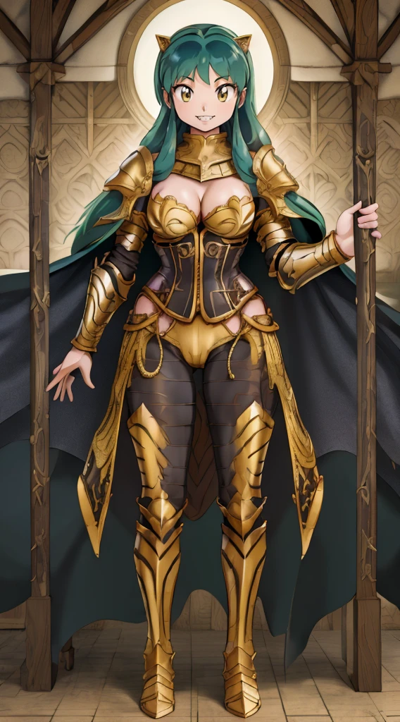 masterpiece, best quality,medieval armor, corset, breastplate,lum, , urusei yatsura, cloak, pants, pullover, kimono,martial pov,, pantyhose, sharpteeth, standing,smile, matial art, lance holding, full body, boots , pant, medium breast, pants, paladin, pullover, black body suit