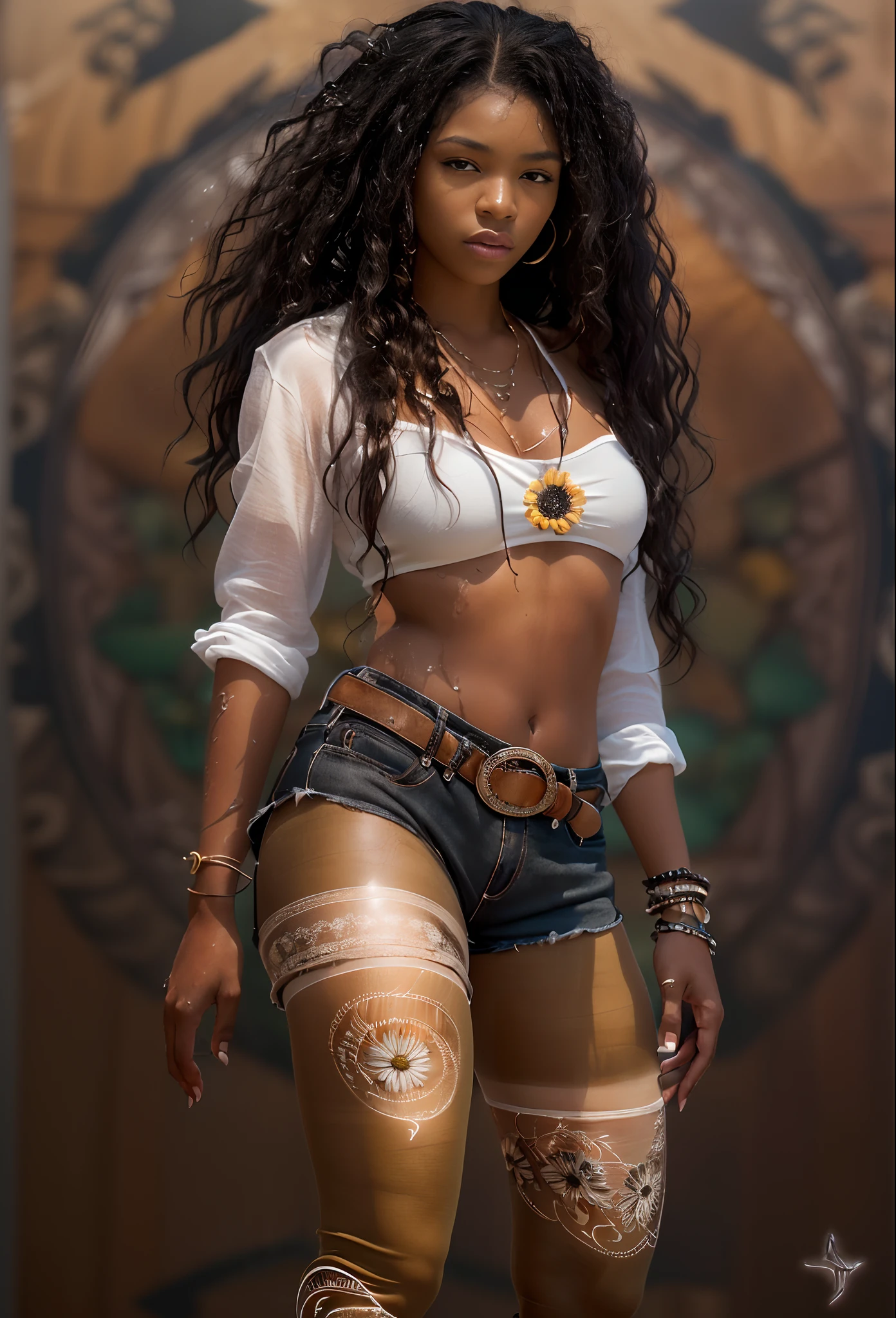 ((21-year-old))) black girl, (((light skin))),  (((close-up full body pose))),  (((long curly black hair))), (((tan pantyhose with skimpy shorts))), (((wearing daisy-duke shorts, white shirt, unbuttoned half way, cowboy boots))), african tribal tattoo sleeve, dark fantasy art, Rich, Deep Colours, (intricate details:0.9), (HDR, hyper-detailing:1.2), (natural skin textures, hyper realisitc, wet skin, soft light, Sharp),