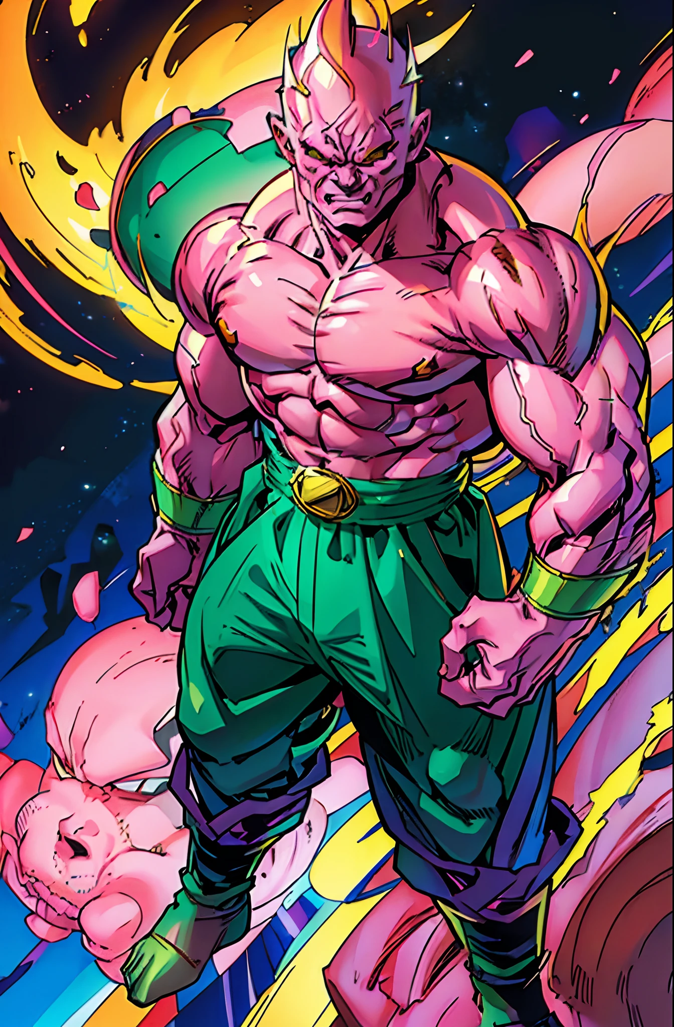 ((The Incredible Hulk)) Pink Skin Hulk, Majin Belt, Majin Outfit, Akira Toriyama art style, Marvel art style, djinn pants, Super Buu.