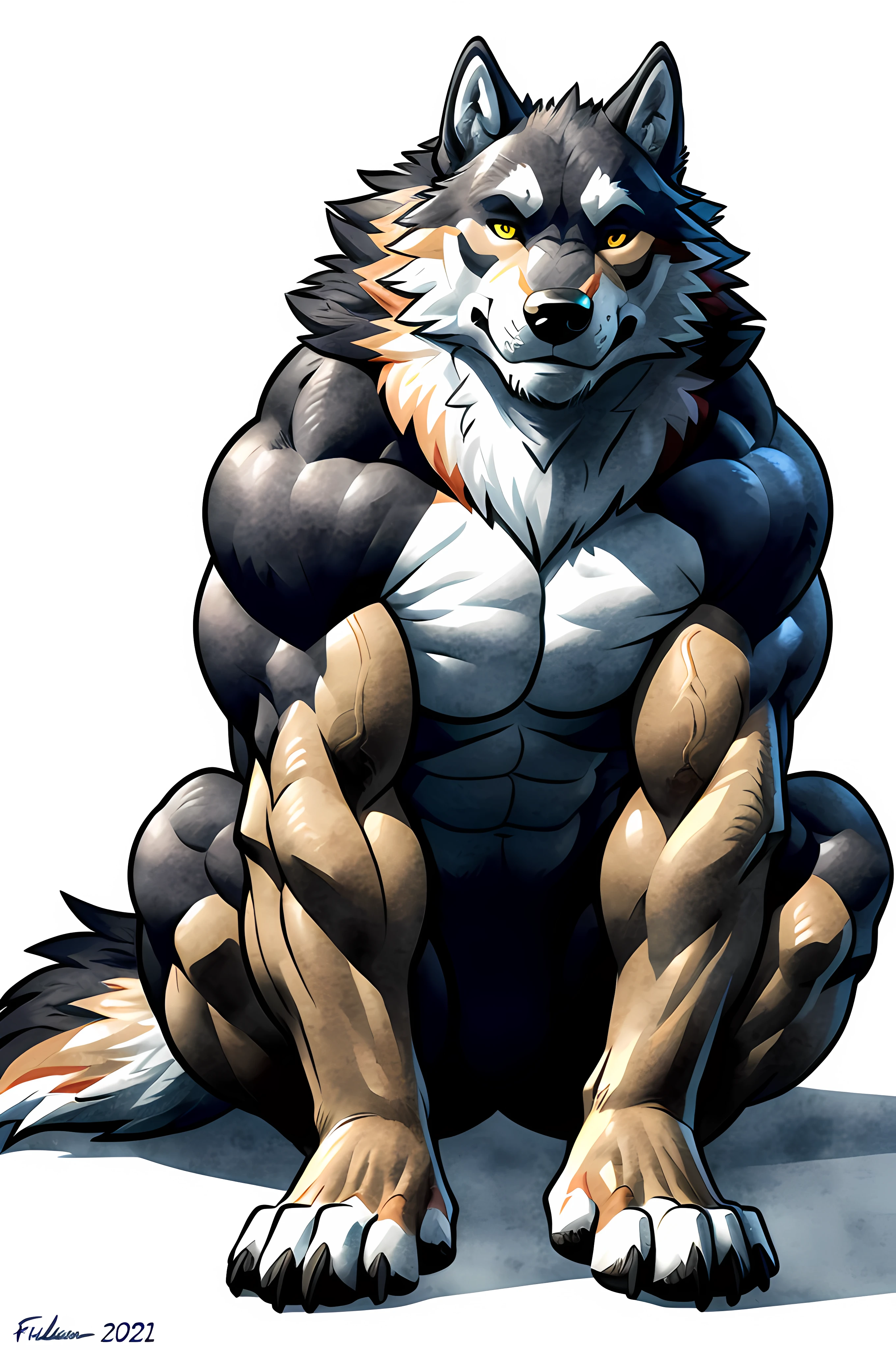 muscular feral wolf posing for the camera, 4k, high resolution, best quality, perfect cartoon colors, perfect cartoon shadows, perfect cartoon lighting, posted on e621, furry body, (feral, feral body, feral wolf, quadruped wolf, forelegs:1.25), paws, wolf, solo, male, adult, masculine, (very muscular feral, buff feral, biceps, triceps, heavyweight, thick build, defined muscles:1.1), (pectorals, large pecs, strong chest:1.3), correct anatomy, (cel shaded, cartoony shading, wfa colors, wfa shading, wfa lighting, flat shading, black lineart, black outline:1.4), (white background, snow:1.1), (taran fiddler anatomy:1.1), (by echin, by wfa:0.5), (detailed eyes:1.2), impressive physique, serious eyes, strong chest, (shiny muscles:1.1), short fur, veins, tight muscles, majestic, (sitting down, front view, facing the camera:1.3), looking at camera, forepaws close to each other, hindlegs, hindpaws, legs spread