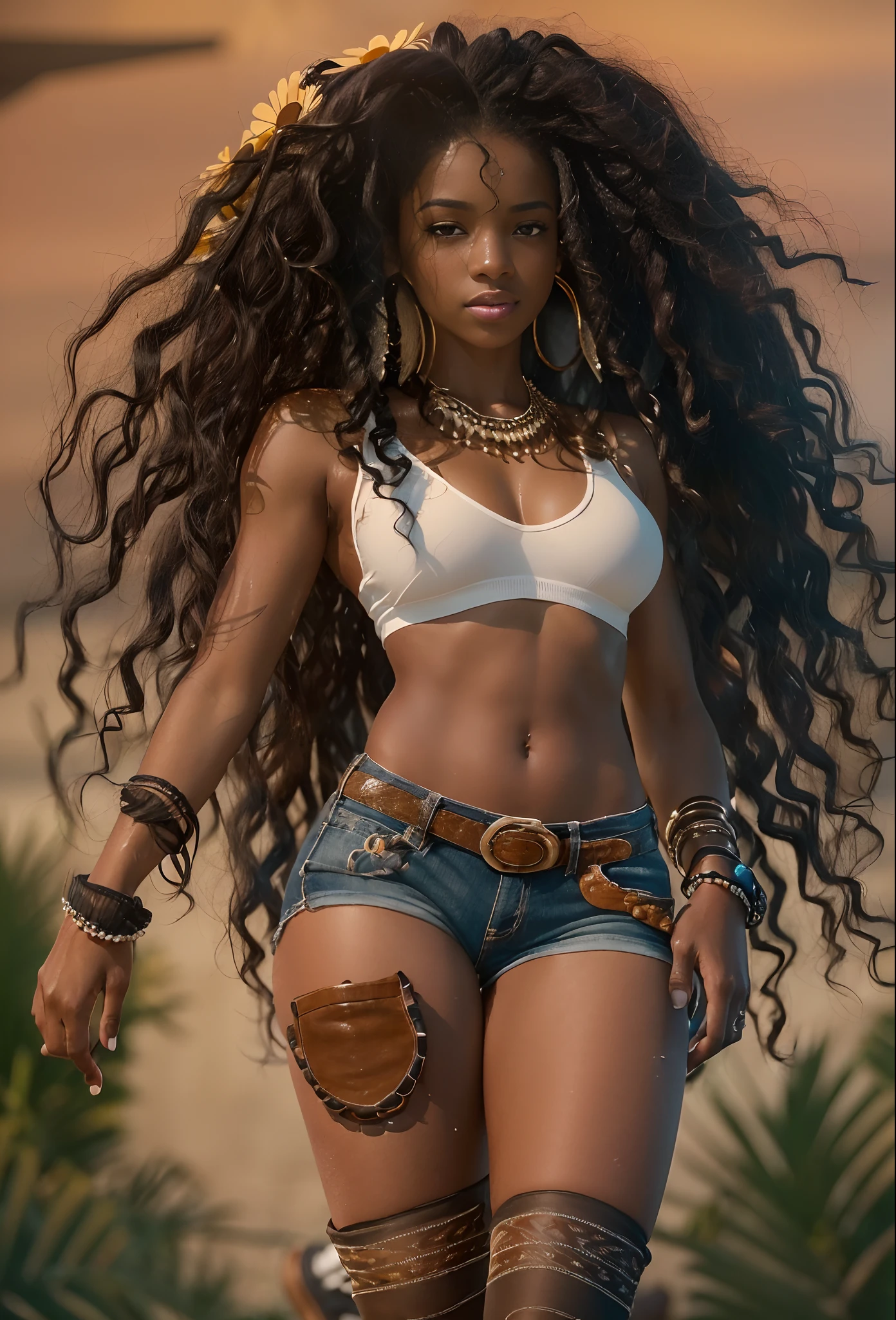 ((21-year-old))) black girl, (((light skin))),  (((close-up full body pose))),  (((long curly black hair))), (((tan pantyhose with skimpy shorts))), (((wearing daisy-duke shorts, white shirt, unbuttoned half way, cowboy boots))), african tribal tattoo sleeve, dark fantasy art, Rich, Deep Colours, (intricate details:0.9), (HDR, hyper-detailing:1.2), (natural skin textures, hyper realisitc, wet skin, soft light, Sharp),