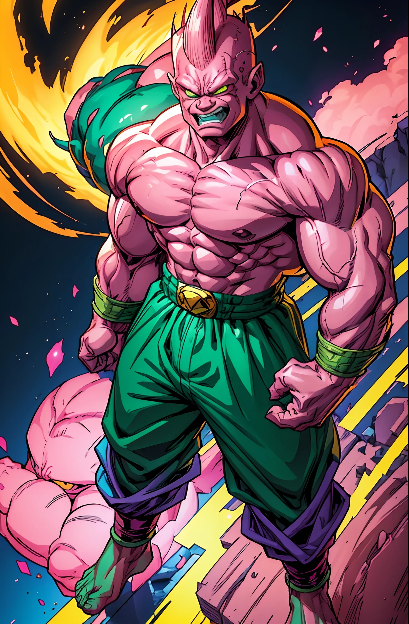 ((The Incredible Hulk)) Pink Skin Hulk, Majin Belt, Majin Outfit, Akira Toriyama art style, Marvel art style, djinn pants, Super Buu.