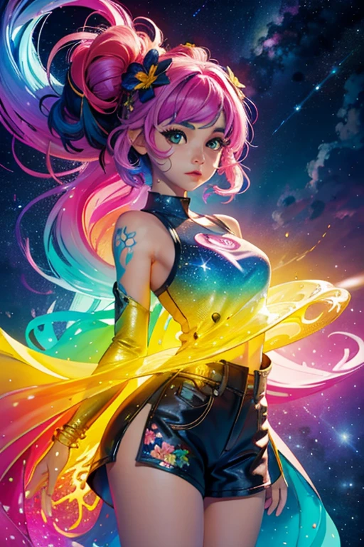 Girl standing in the clouds staring up as the stars, stars floating around her, brilliant colors, amazing swirls of cosmic dust, colorful vibrant, light particles, Create digital artwork in the Pop Art style, Featuring a vibrant and confident young Asian girl，street fashion (breast), Movie color scheme, Surrounded by vintage flower motifs, Vibrant brushstrokes,Emotions should be dynamic, Upper body, Drawing, illustration, escala cinza, tropical, Many flowers,