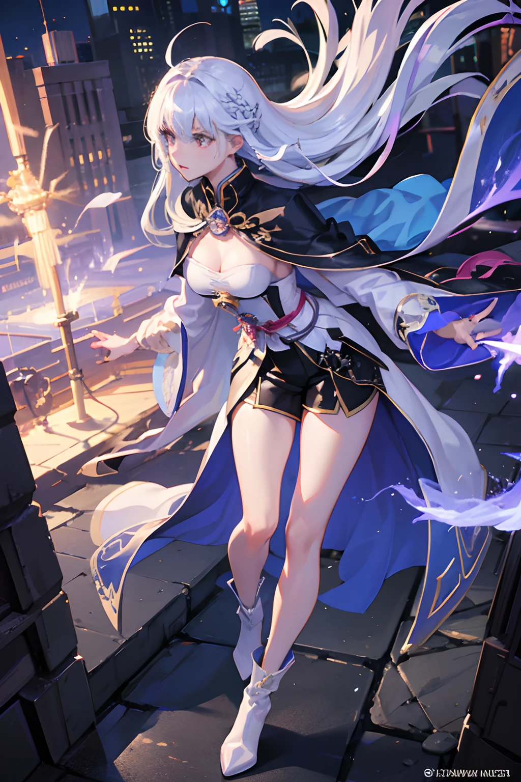 Street wise master of mistical arts and magic, herald of ancient magic power living on actual times on a modern city, she is doing a hand movement , mistical shapes of magic shine on intrincate designs surrounding her, her hairs is platinum white, modern and intricate hairstyle,, nice slender body, nice figure, anatomy perfect hands, boots, some oversized cape or jacket wit intrincate magic desings, street wise clothes, city samurai style, with touches of arcane arts, tigth shorts, gaunlets, metal, particle ligths, lens flare, photographis blurr