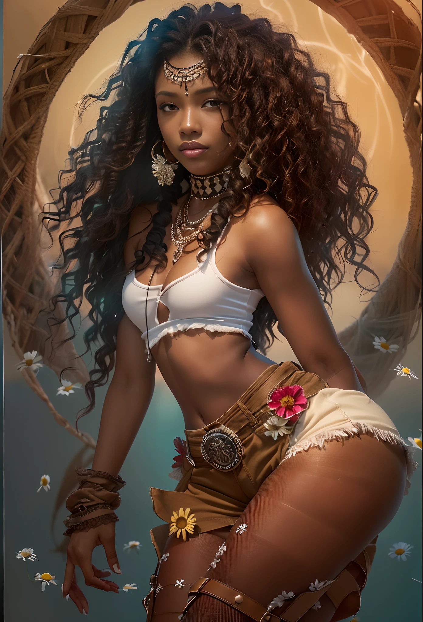 ((21-year-old))) black girl, (((light skin))), (((close-up full body pose))), (((long curly black hair))), (((tan pantyhose with skimpy shorts))), (((wearing daisy-duke shorts, white shirt, unbuttoned half way, cowboy boots))), african tribal tattoo sleeve, dark fantasy art, Rich, Deep Colours, (intricate details:0.9), (HDR, hyper-detailing:1.2), (natural skin textures, hyper realisitc, glistening skin, soft light, Sharp),
