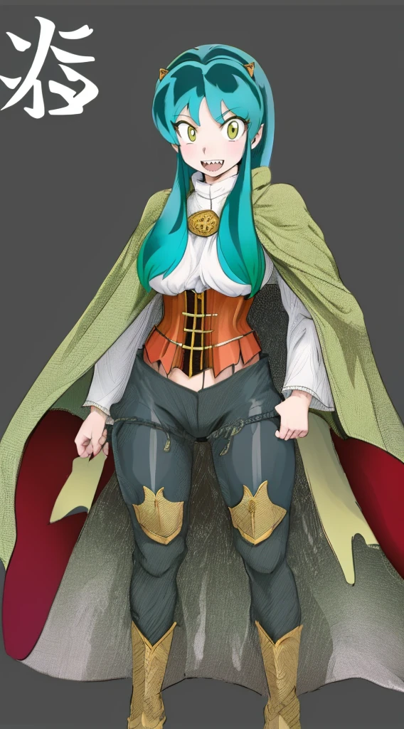 masterpiece, best quality,medieval armor, corset, breastplate,lum, , urusei yatsura, cloak, pants, pullover, kimono,martial pov,, pantyhose, sharpteeth, standing,smile, matial art,, full body, boots , pant, medium breast, pants, pullover,martial pov