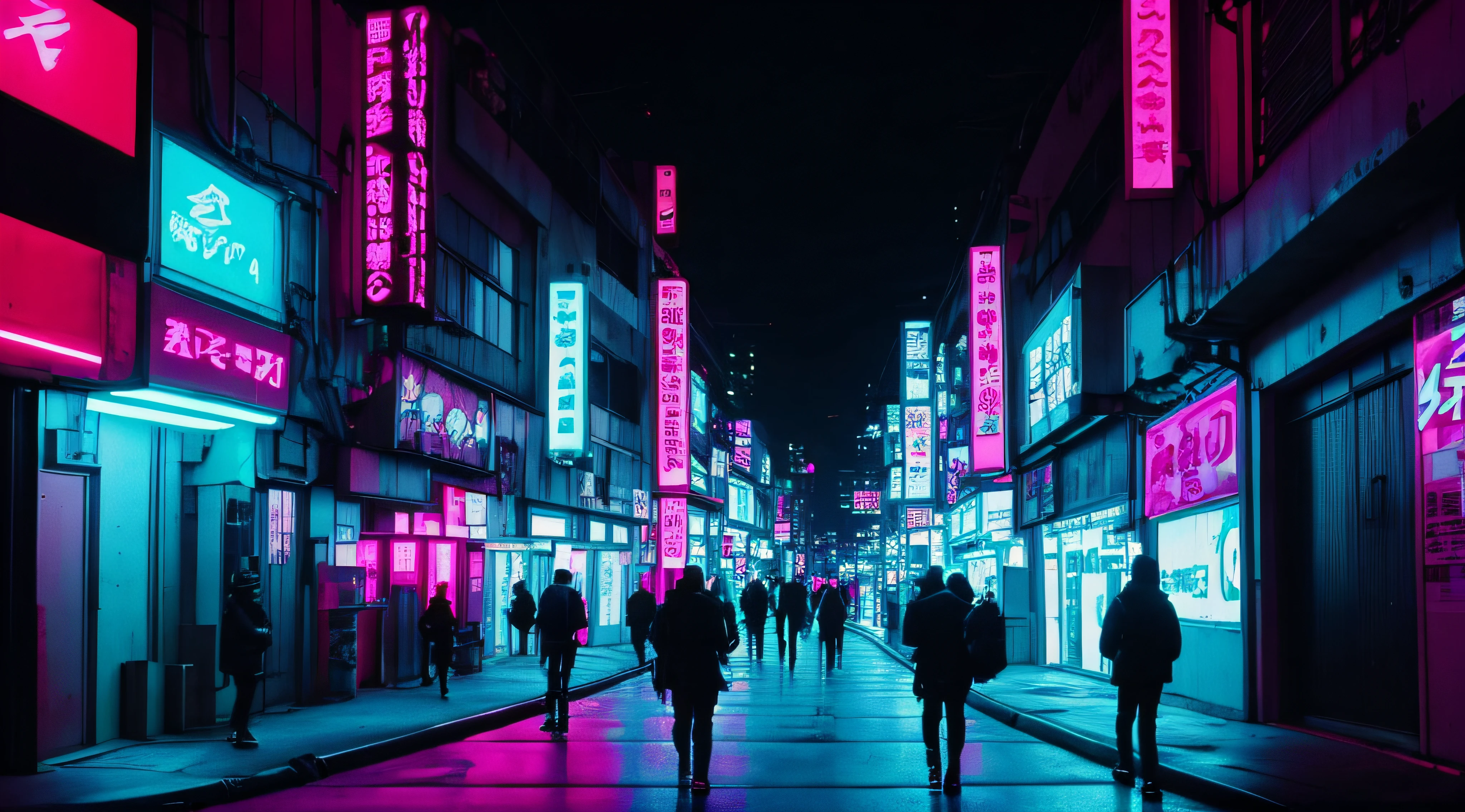 People walking down a street at night with neon signs, cyberpunk streets in japan, Rua Cyberpunk, cyberpunk streets at night, cyberpunk street at night, rua noturna cyberpunk, futuristic cyberpunk tokyo night, Cyberpunk aesthetics, Beco Cyberpunk, cores cyberpunk coloridas sonhadoras, aesthetic cyberpunk, rua da cidade cyberpunk, cidade cyberpunk hiper realista, Cyberpunk Luzes Neon, aesthetic cyberpunk, rua futurista, Cyberpunk lights image in high definition 2K