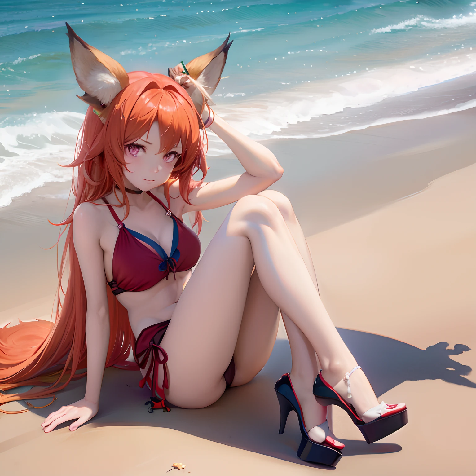 anime - style girl in a red bikini and fox ears sitting on the beach, holo is a wolf girl, fox nobushi, kitsune, ahri from league of legends, anime girl cosplay, holo if a wolf girl, fox ears, anime cosplay, a beautiful kitsune woman, female fox, is wearing a swimsuit, ahri, a beautiful fox lady bikini