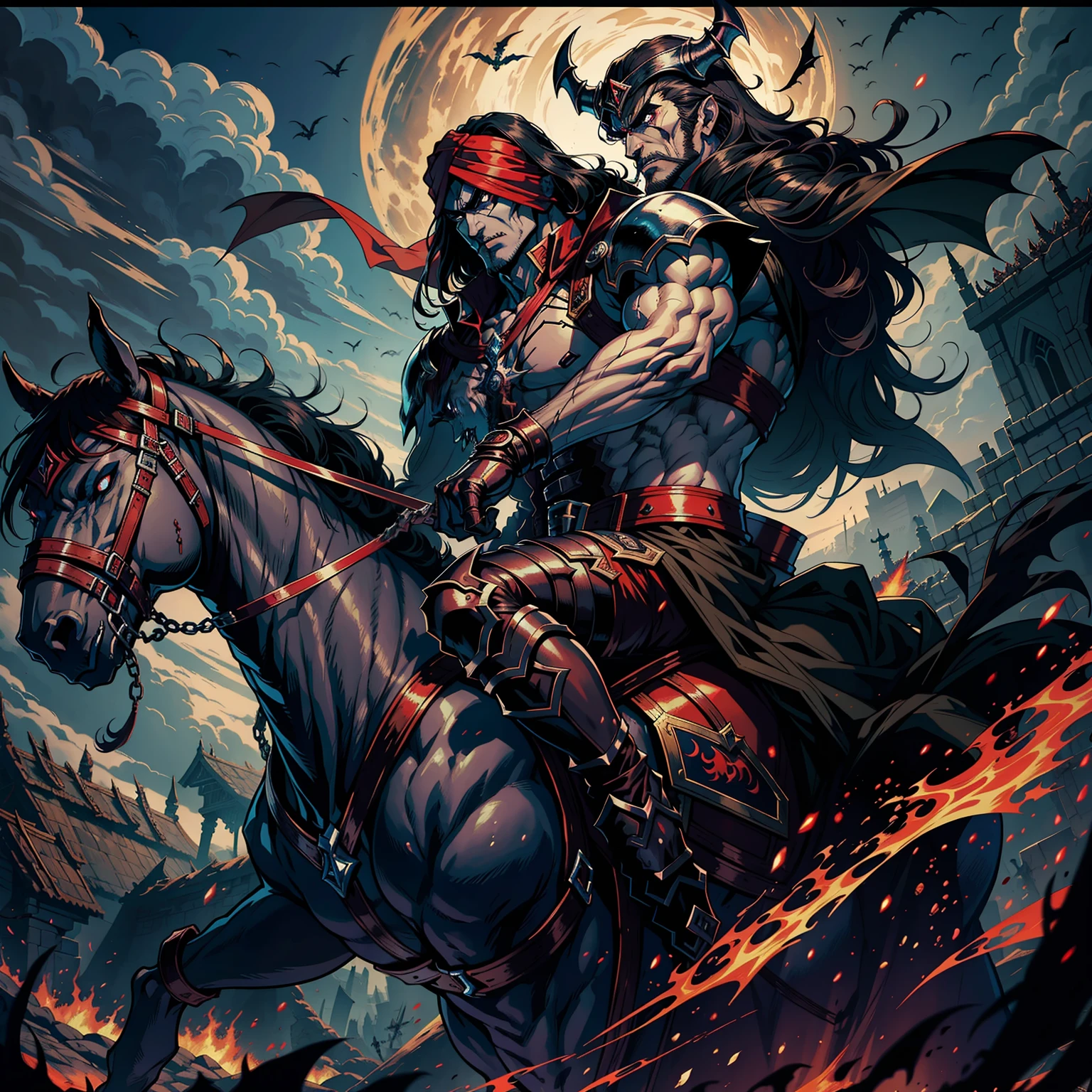 Castlevania Hyper Realistic Shadow Lord Super Detailed Dynamic Shooter Master of Lord Dracula Medieval Arab Warrior with Red Turban Scary Face Hokuto No Ken Structure Muscular face Kenshiro on his hell horse with his demon army