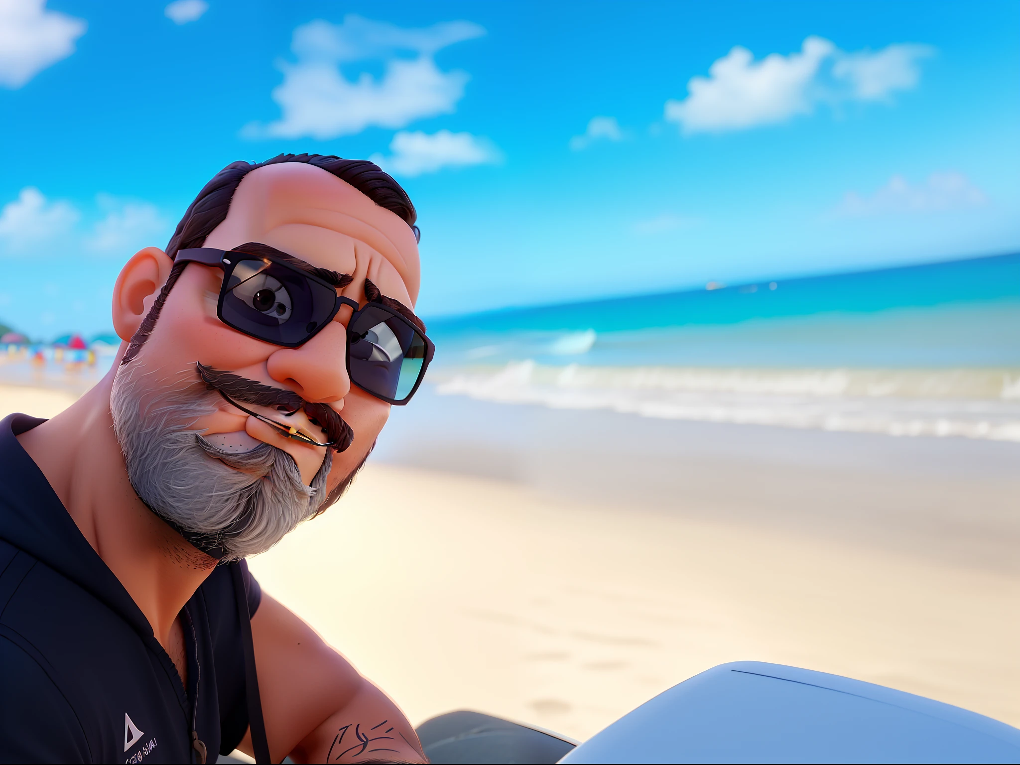 homem de oculos rayban, barba grisalha, na praia