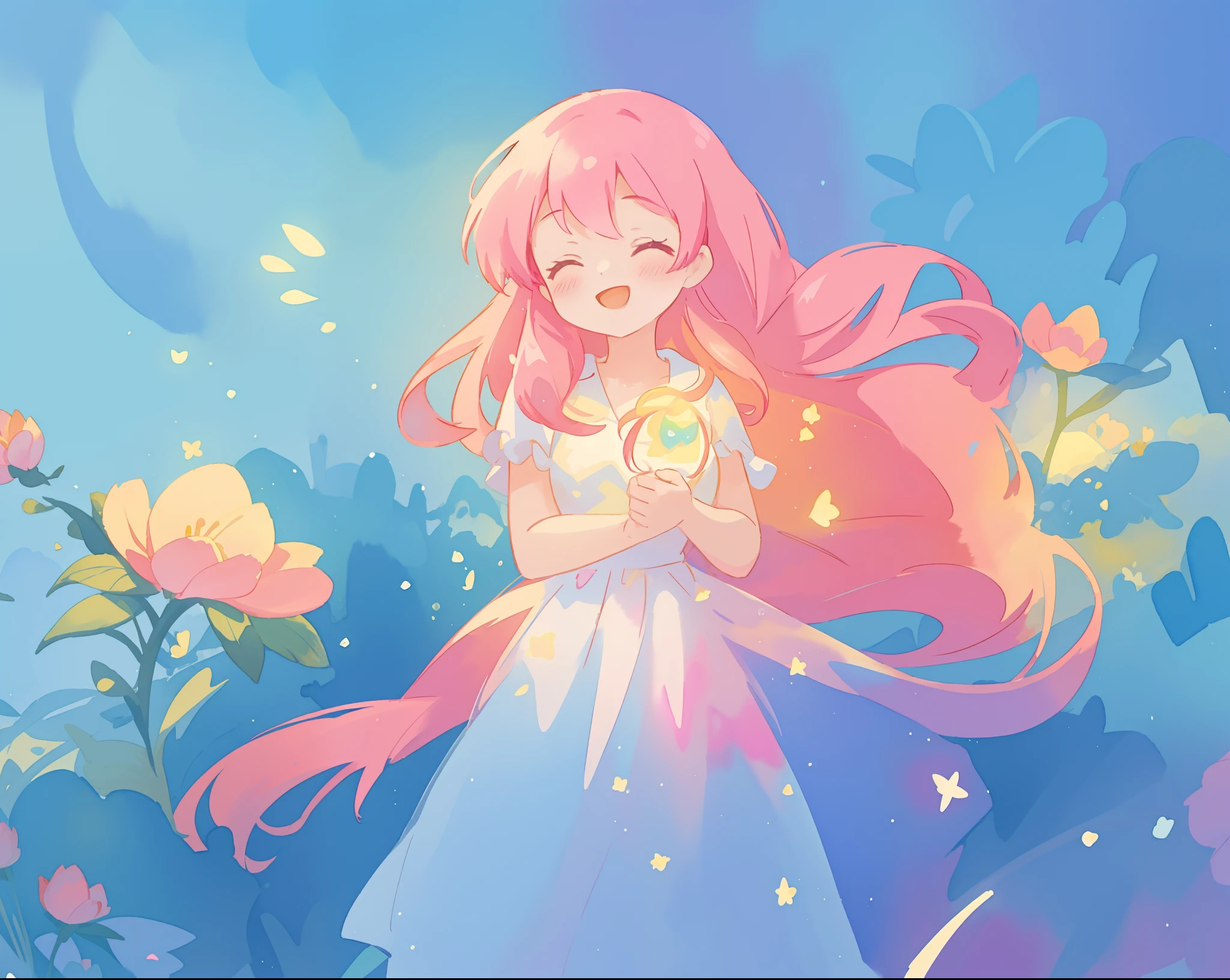 beautiful girl in sparkling flowing dress, long flowing pink hair, colorful fantasia background, watercolor illustration, disney art style, glowing aura around her, glowing lights, beautiful digital illustration, fantasia otherworldly landscape plants flowers, beautiful, masterpiece, best quality, anime disney style