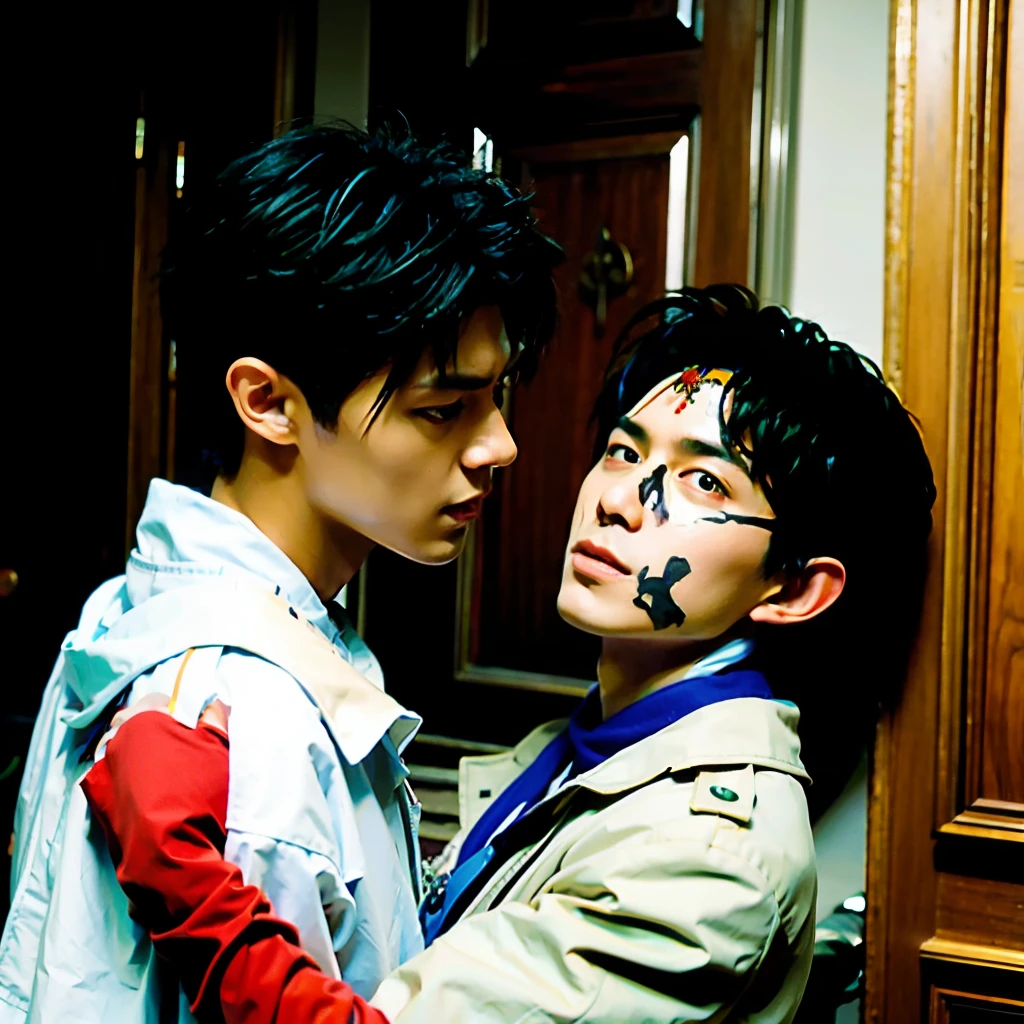 best qualtiy，The prince and the knight are two people together，（realisticlying：1.4）， tmasterpiece， Kodak Portra 400， white bed sheet，（Face focus：1.3），1boys ，white skinned，Show muscles，Cool in summer， posing on a，Midjourney and greg rutkowski's Fujifilm XT3 realistic painting art