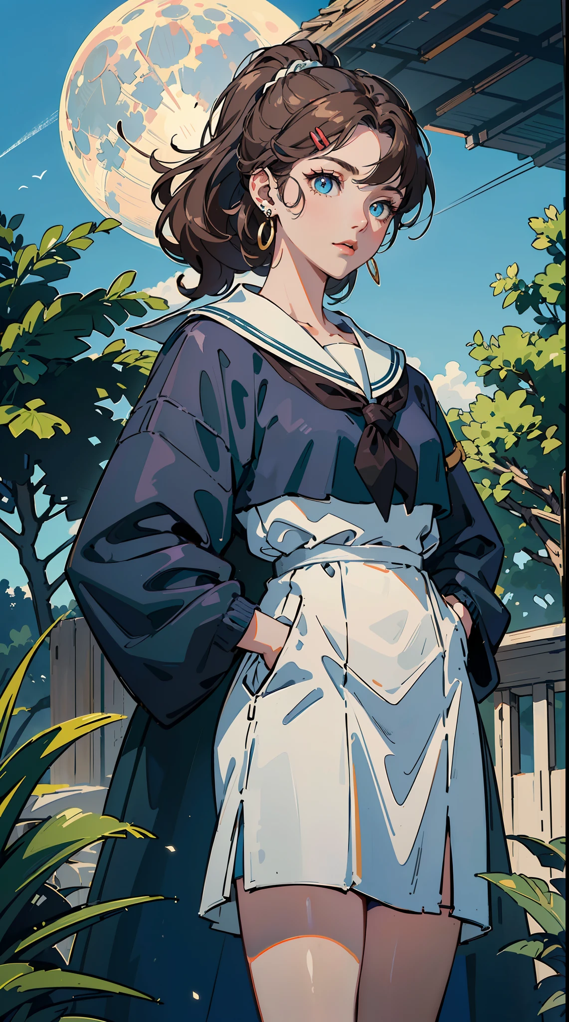 (hands in pockets,))(Masterpiece illustration,Beautiful and aesthetic:1.2,head up to sky), Best quality,Top quality, Epic quality,((((nature,on the ,outdoor,))))(blue moonlight,moon glare, god light, from below:1.3,))Neat face,underage,mature,Beautiful detailed hair,ginger hair,hyper HD, retinas, Textured skin, A high resolution, 16k ,((hairclip,sweep bangs,half bangs,high ponytail,sidelocks,long hair,natural curly hair,hair intake,updo,knot top)),Detailed face, 1JK, lady,Solo, Perfect face, Very amazing girl,((covered by thin translucent cloth,skindentation,high waist skirt,creamy blue serafuku,large cloak,metal earrings,spiral earrings)),rim-light